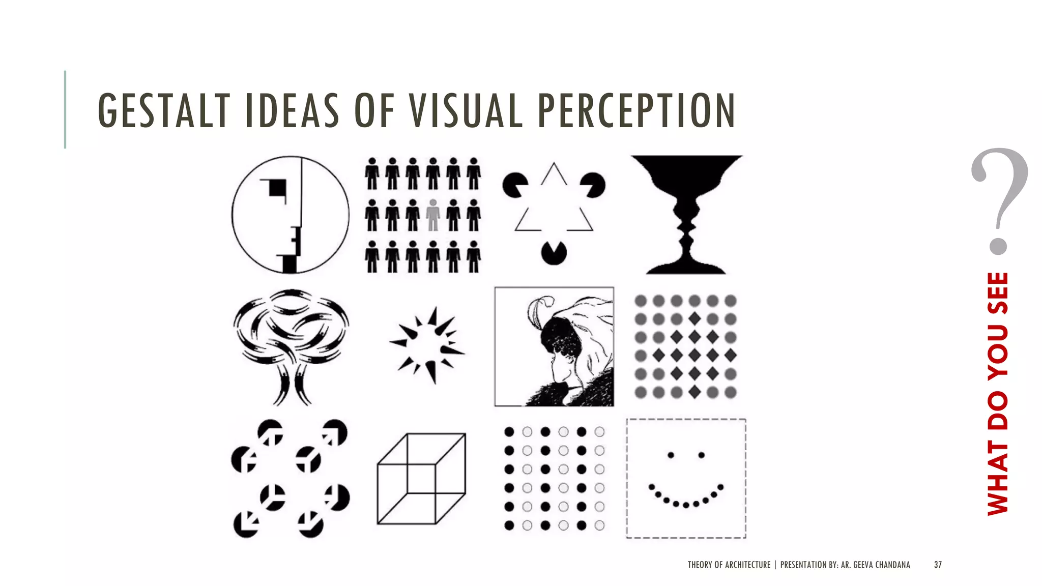 THEORY OF ARCHITECTURE | PRESENTATION BY: AR. GEEVA CHANDANA 37
GESTALT IDEAS OF VISUAL PERCEPTION
WHATDOYOUSEE
 
