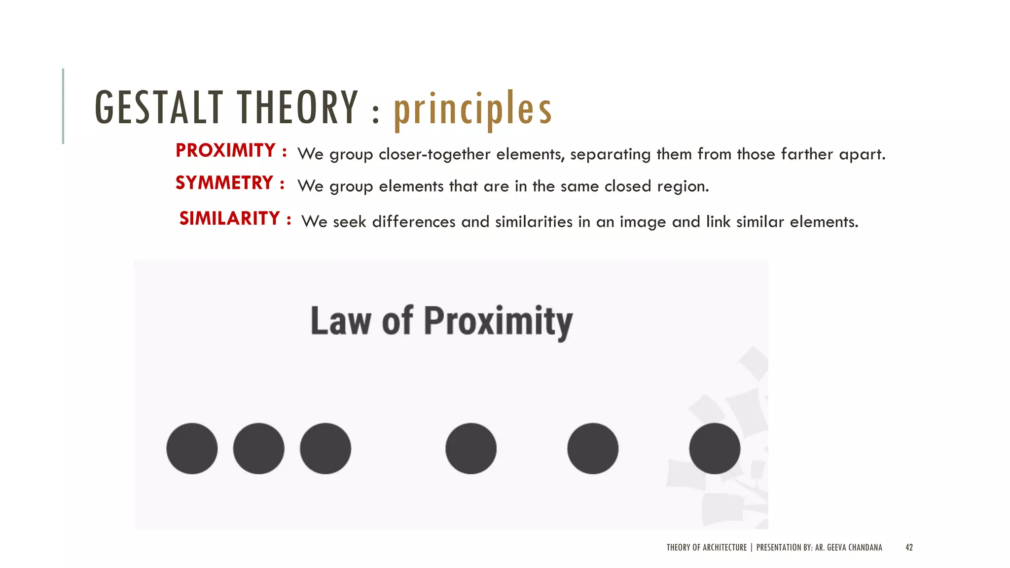 THEORY OF ARCHITECTURE | PRESENTATION BY: AR. GEEVA CHANDANA 42
GESTALT THEORY : principles
We group closer-together elements, separating them from those farther apart.PROXIMITY :
We group elements that are in the same closed region.SYMMETRY :
We seek differences and similarities in an image and link similar elements.SIMILARITY :
 
