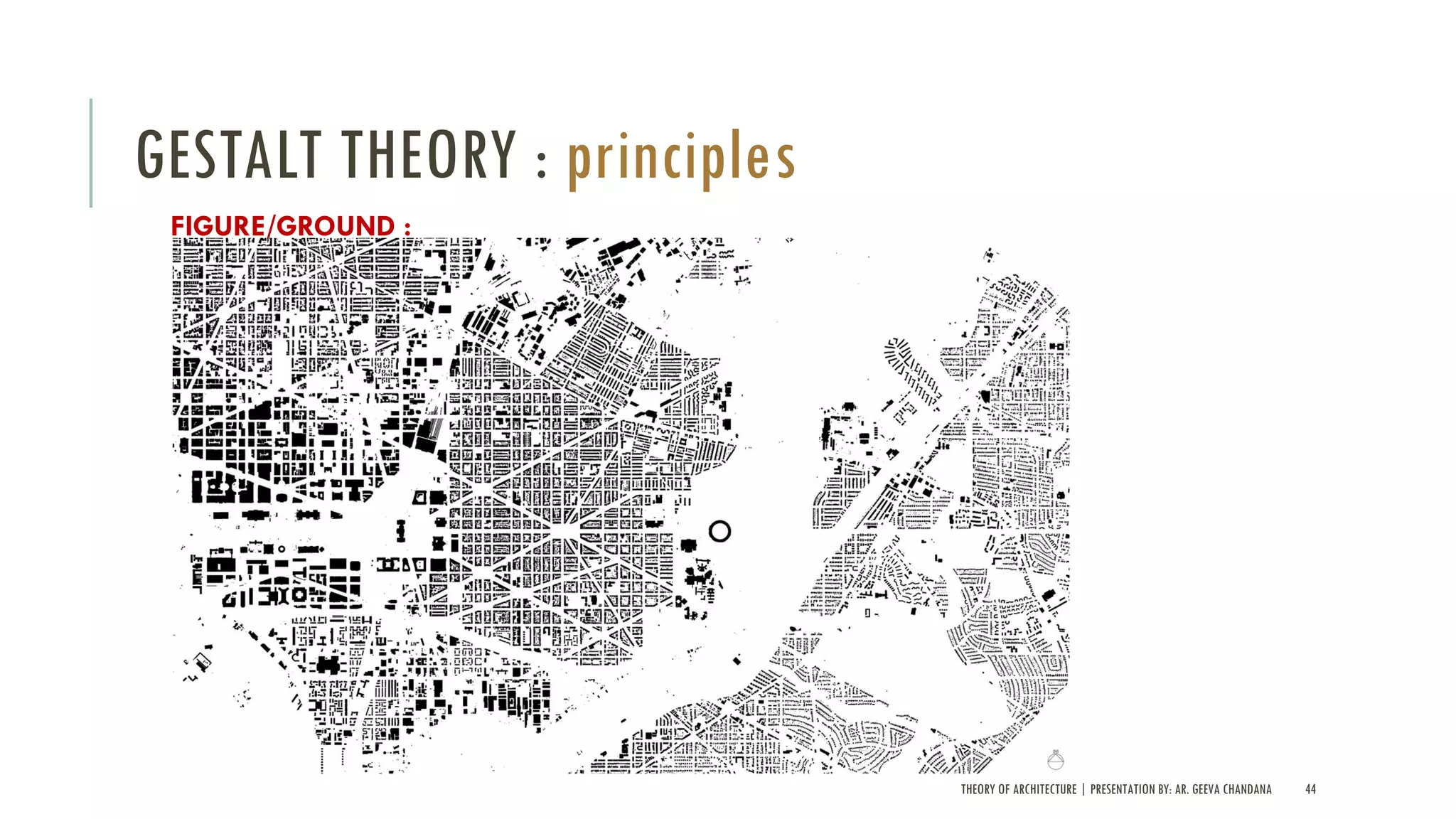 THEORY OF ARCHITECTURE | PRESENTATION BY: AR. GEEVA CHANDANA 44
GESTALT THEORY : principles
FIGURE/GROUND :
 