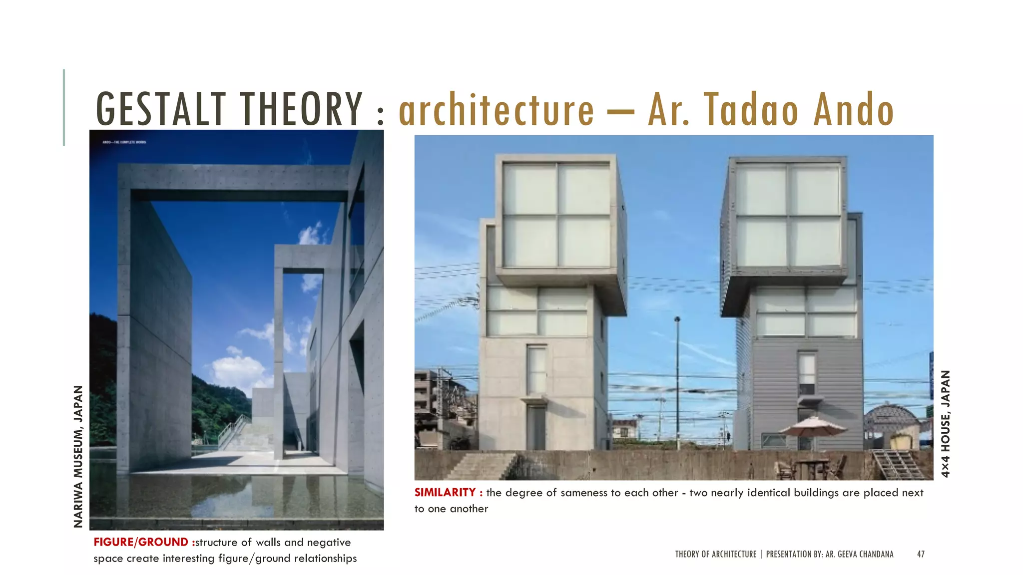 THEORY OF ARCHITECTURE | PRESENTATION BY: AR. GEEVA CHANDANA 47
GESTALT THEORY : architecture – Ar. Tadao Ando
FIGURE/GROUND :structure of walls and negative
space create interesting figure/ground relationships
NARIWAMUSEUM,JAPAN
SIMILARITY : the degree of sameness to each other - two nearly identical buildings are placed next
to one another
4×4HOUSE,JAPAN
 