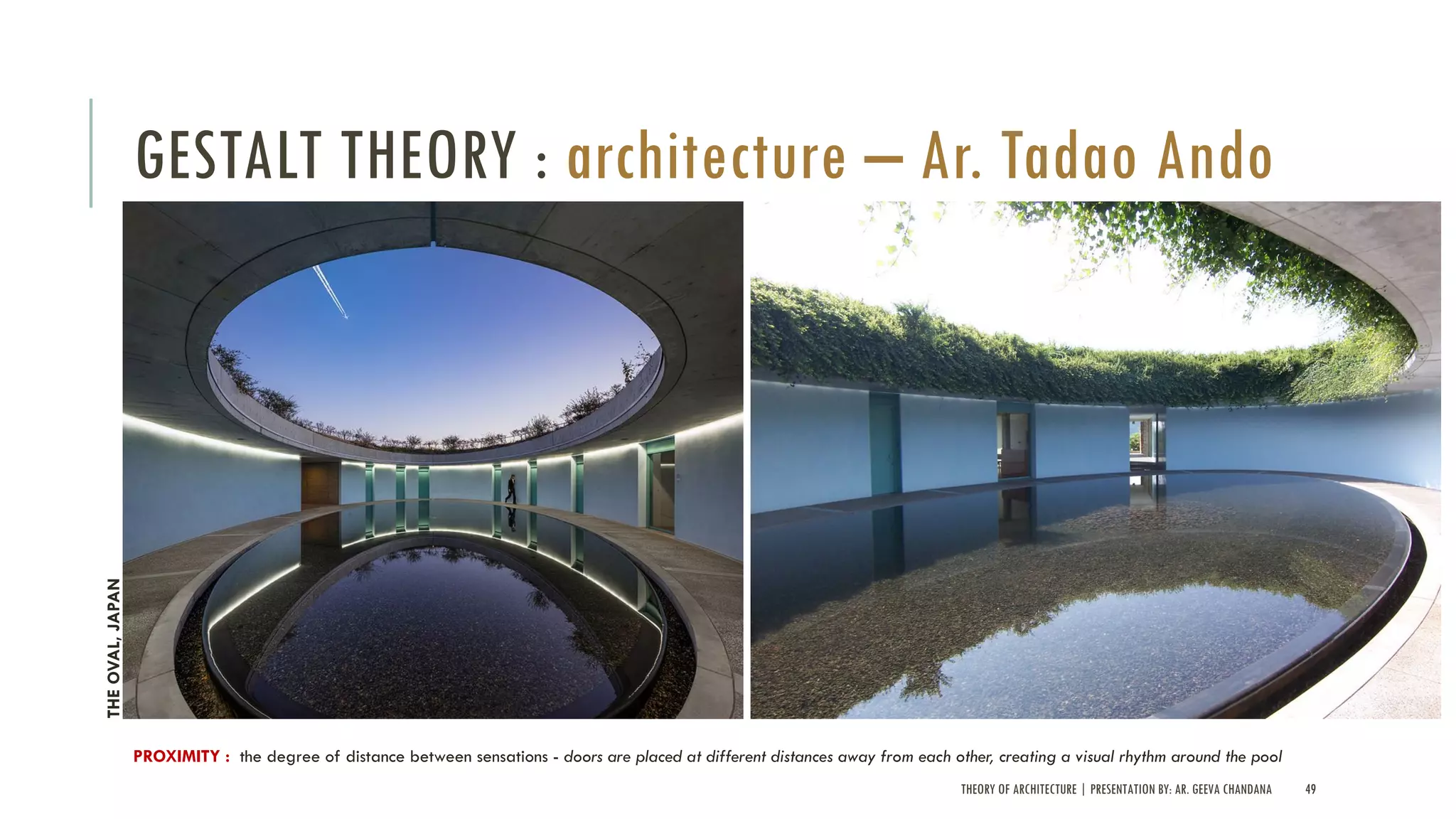 THEORY OF ARCHITECTURE | PRESENTATION BY: AR. GEEVA CHANDANA 49
GESTALT THEORY : architecture – Ar. Tadao Ando
PROXIMITY : the degree of distance between sensations - doors are placed at different distances away from each other, creating a visual rhythm around the pool
THEOVAL,JAPAN
 