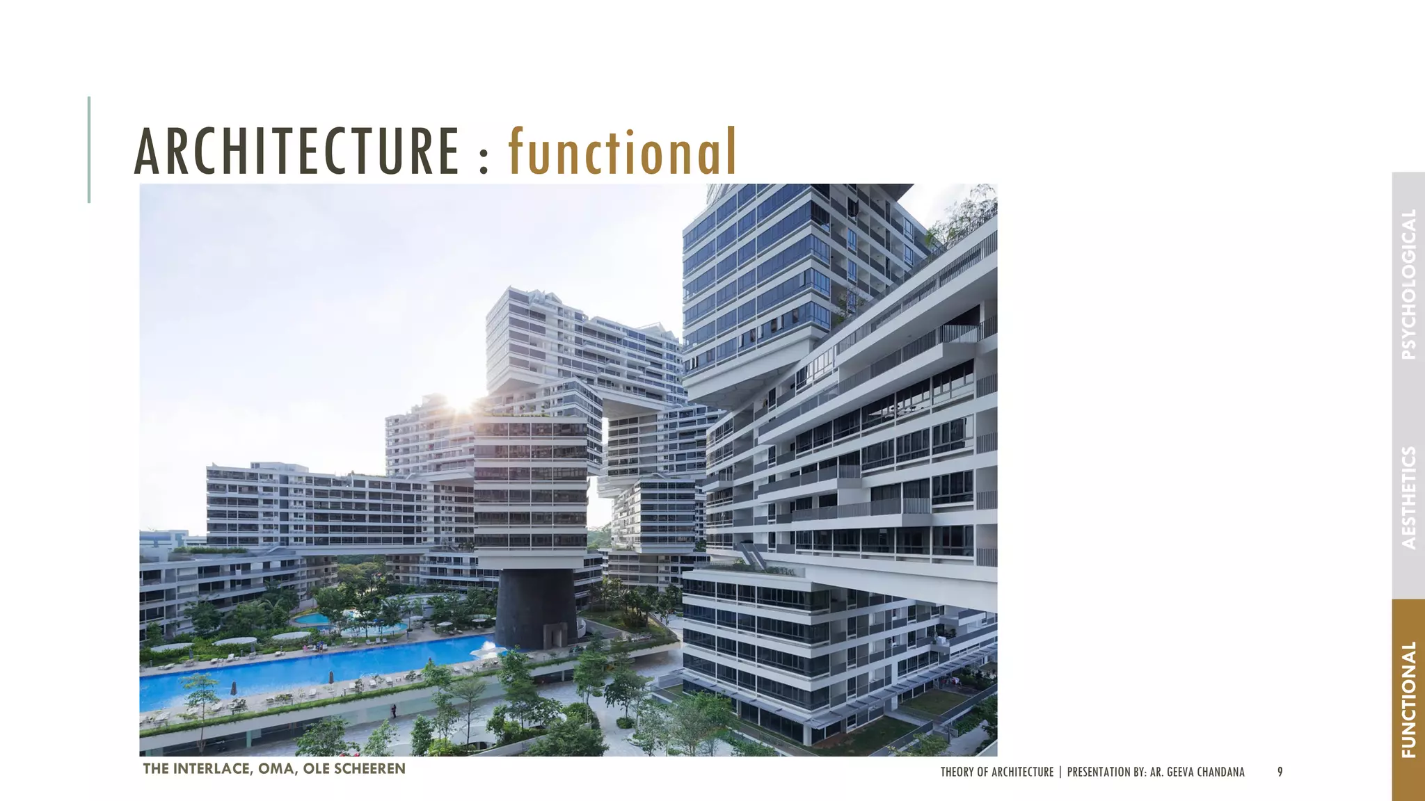 THEORY OF ARCHITECTURE | PRESENTATION BY: AR. GEEVA CHANDANA 9
ARCHITECTURE : functional
THE INTERLACE, OMA, OLE SCHEEREN
FUNCTIONALAESTHETICSPSYCHOLOGICAL
 