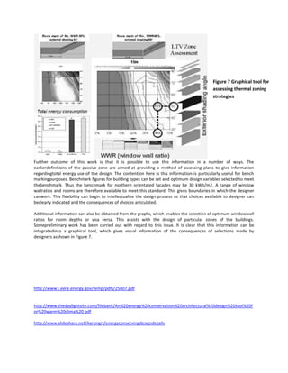 Figure 7 Graphical tool for
assessing thermal zoning
strategies

Further outcome of this work is that it is possible to use this information in a number of ways. The
earlierdefinitions of the passive zone are aimed at providing a method of assessing plans to give information
regardingtotal energy use of the design. The contention here is this information is particularly useful for bench
markingpurposes. Benchmark figures for building types can be set and optimum design variables selected to meet
thebenchmark. Thus the benchmark for northern orientated facades may be 30 kWh/m2. A range of window
wallratios and rooms are therefore available to meet this standard. This gives boundaries in which the designer
canwork. This flexibility can begin to intellectualize the design process so that choices available to designer can
beclearly indicated and the consequences of choices articulated.
Additional information can also be obtained from the graphs, which enables the selection of optimum windowwall
ratios for room depths or visa versa. This assists with the design of particular zones of the buildings.
Somepreliminary work has been carried out with regard to this issue. It is clear that this information can be
integratedinto a graphical tool, which gives visual information of the consequences of selections made by
designers asshown in Figure 7.

http://www1.eere.energy.gov/femp/pdfs/25807.pdf

http://www.thedaylightsite.com/filebank/An%20energy%20conservation%20architectural%20design%20tool%20f
or%20warm%20clima%20.pdf
http://www.slideshare.net/Aarongrt/energyconservingdesigndetails

 