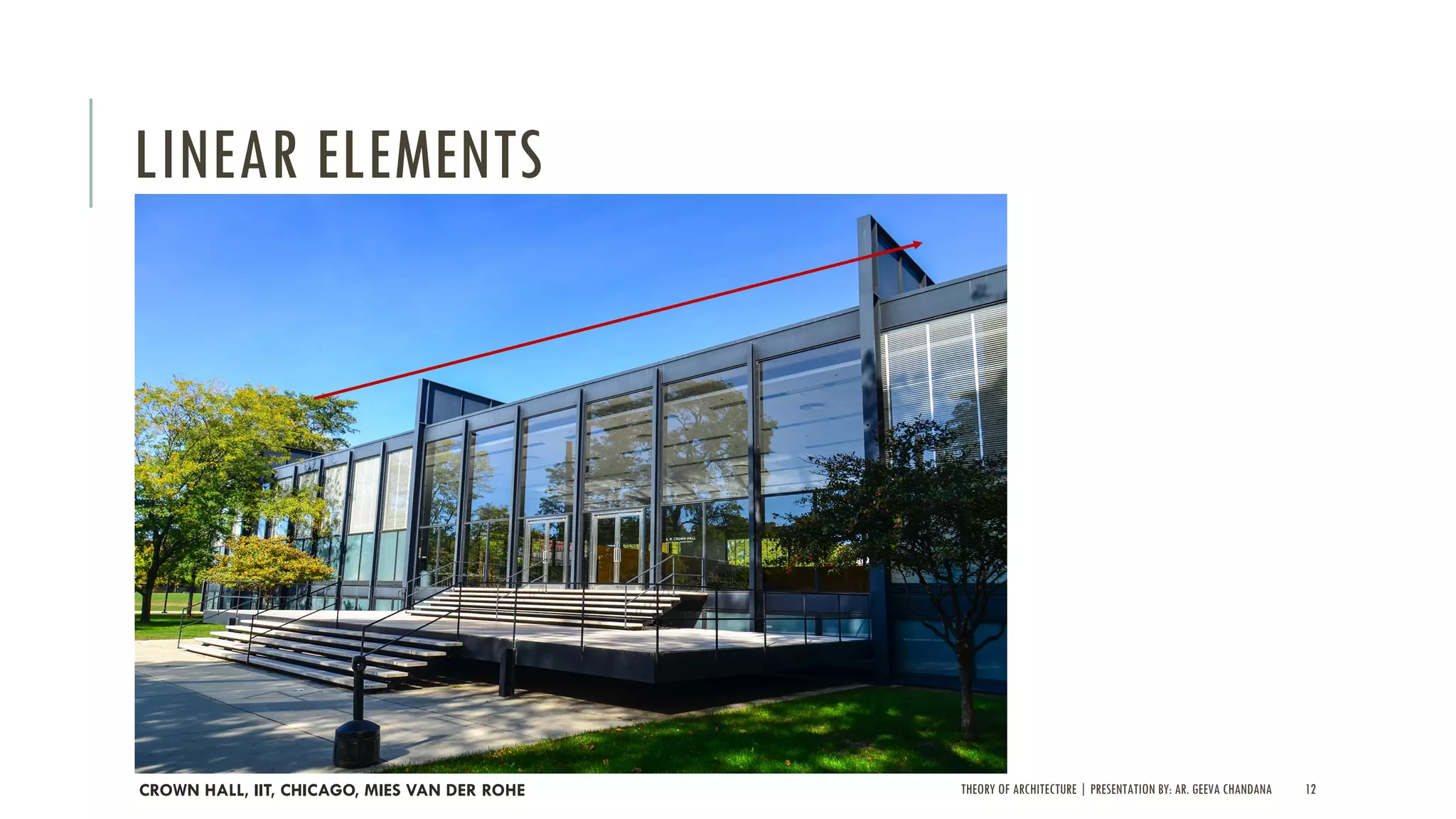 THEORY OF ARCHITECTURE | PRESENTATION BY: AR. GEEVA CHANDANA 12
LINEAR ELEMENTS
CROWN HALL, IIT, CHICAGO, MIES VAN DER ROHE
 