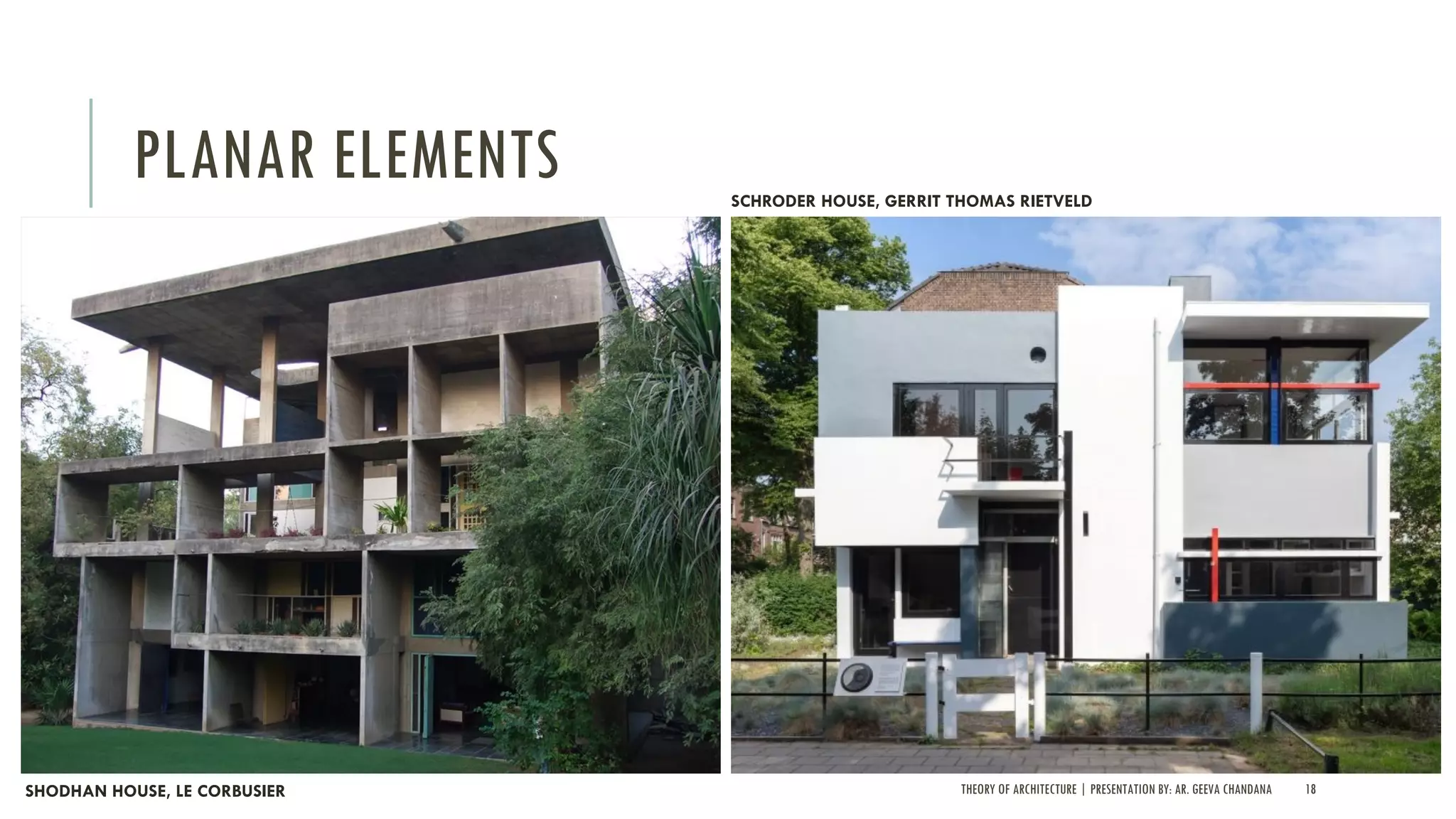 THEORY OF ARCHITECTURE | PRESENTATION BY: AR. GEEVA CHANDANA 18
PLANAR ELEMENTS
SHODHAN HOUSE, LE CORBUSIER
SCHRODER HOUSE, GERRIT THOMAS RIETVELD
 