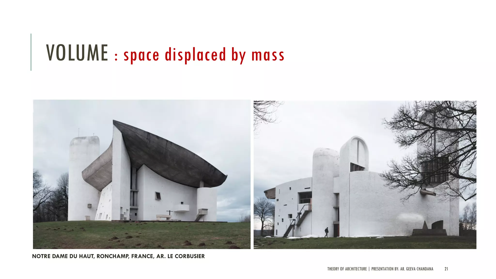 THEORY OF ARCHITECTURE | PRESENTATION BY: AR. GEEVA CHANDANA 21
VOLUME : space displaced by mass
NOTRE DAME DU HAUT, RONCHAMP, FRANCE, AR. LE CORBUSIER
 