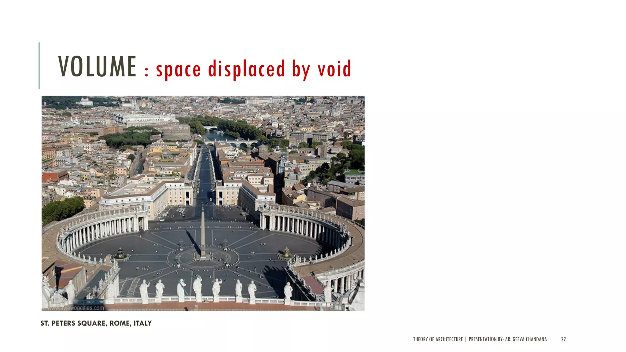 THEORY OF ARCHITECTURE | PRESENTATION BY: AR. GEEVA CHANDANA 22
VOLUME : space displaced by void
ST. PETERS SQUARE, ROME, ITALY
 