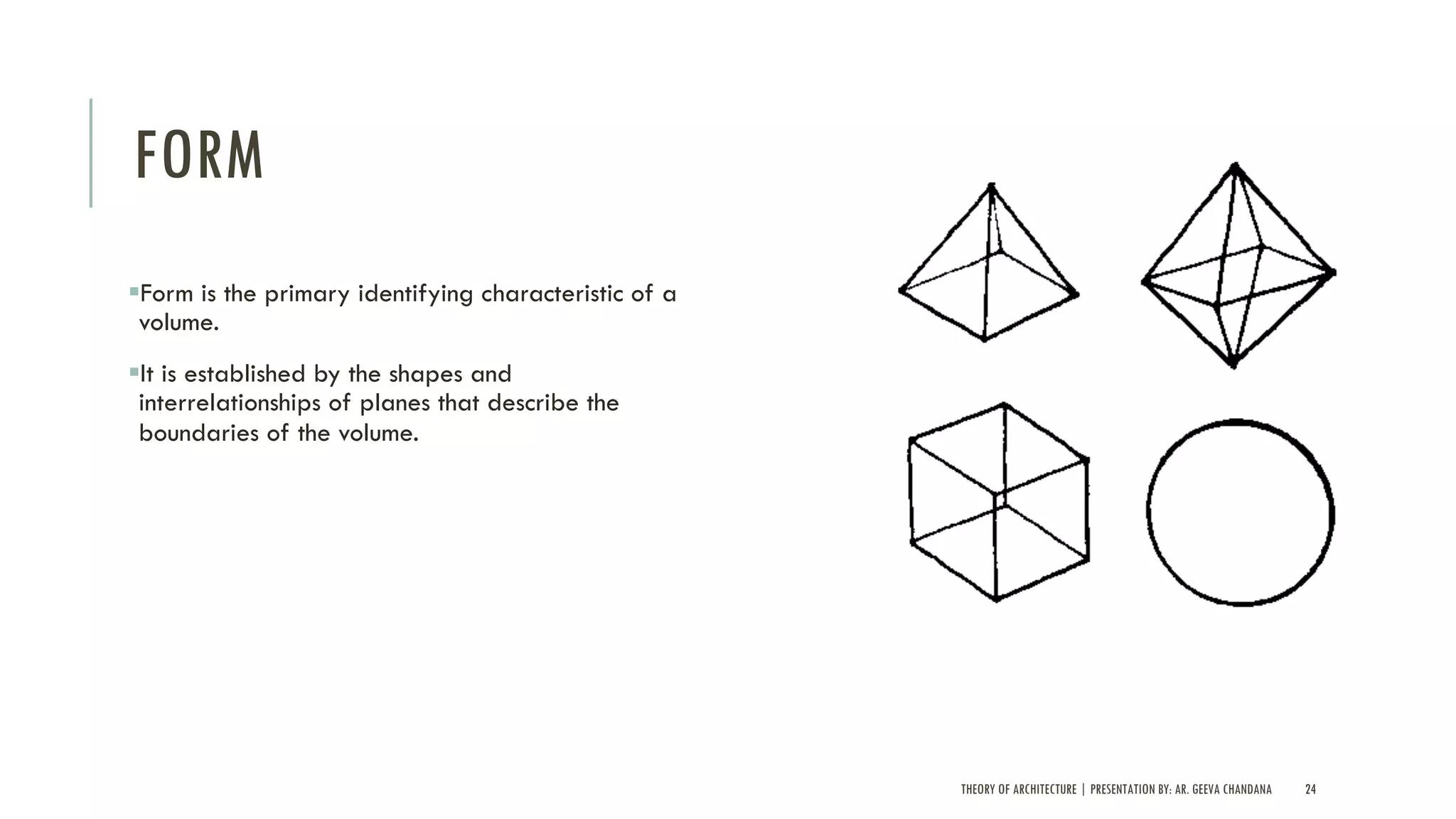THEORY OF ARCHITECTURE | PRESENTATION BY: AR. GEEVA CHANDANA 24
FORM
§Form is the primary identifying characteristic of a
volume.
§It is established by the shapes and
interrelationships of planes that describe the
boundaries of the volume.
 