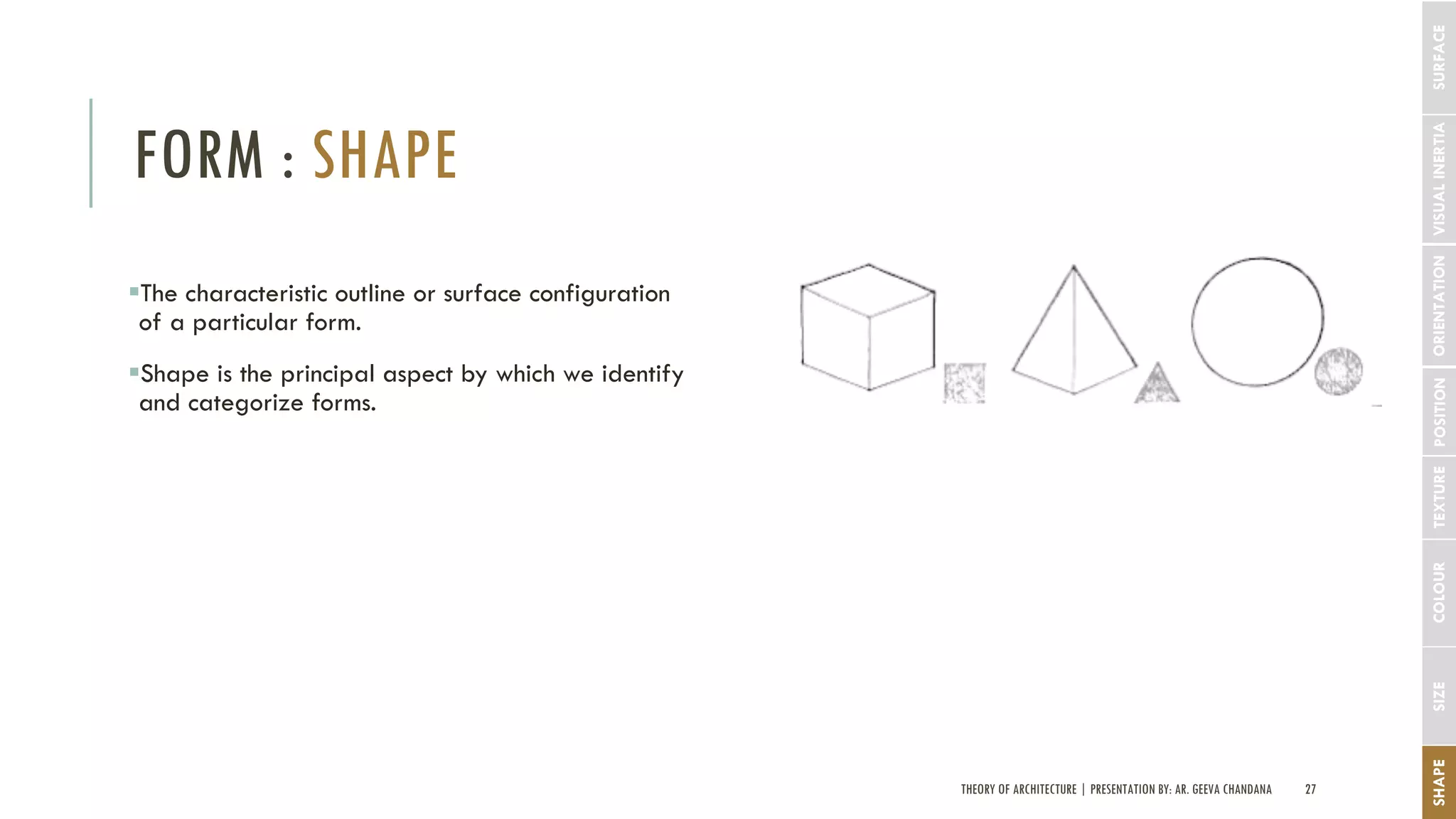 THEORY OF ARCHITECTURE | PRESENTATION BY: AR. GEEVA CHANDANA 27
FORM : SHAPE
SHAPESIZECOLOURTEXTUREPOSITIONORIENTATIONVISUALINERTIA
§The characteristic outline or surface configuration
of a particular form.
§Shape is the principal aspect by which we identify
and categorize forms.
SURFACE
 