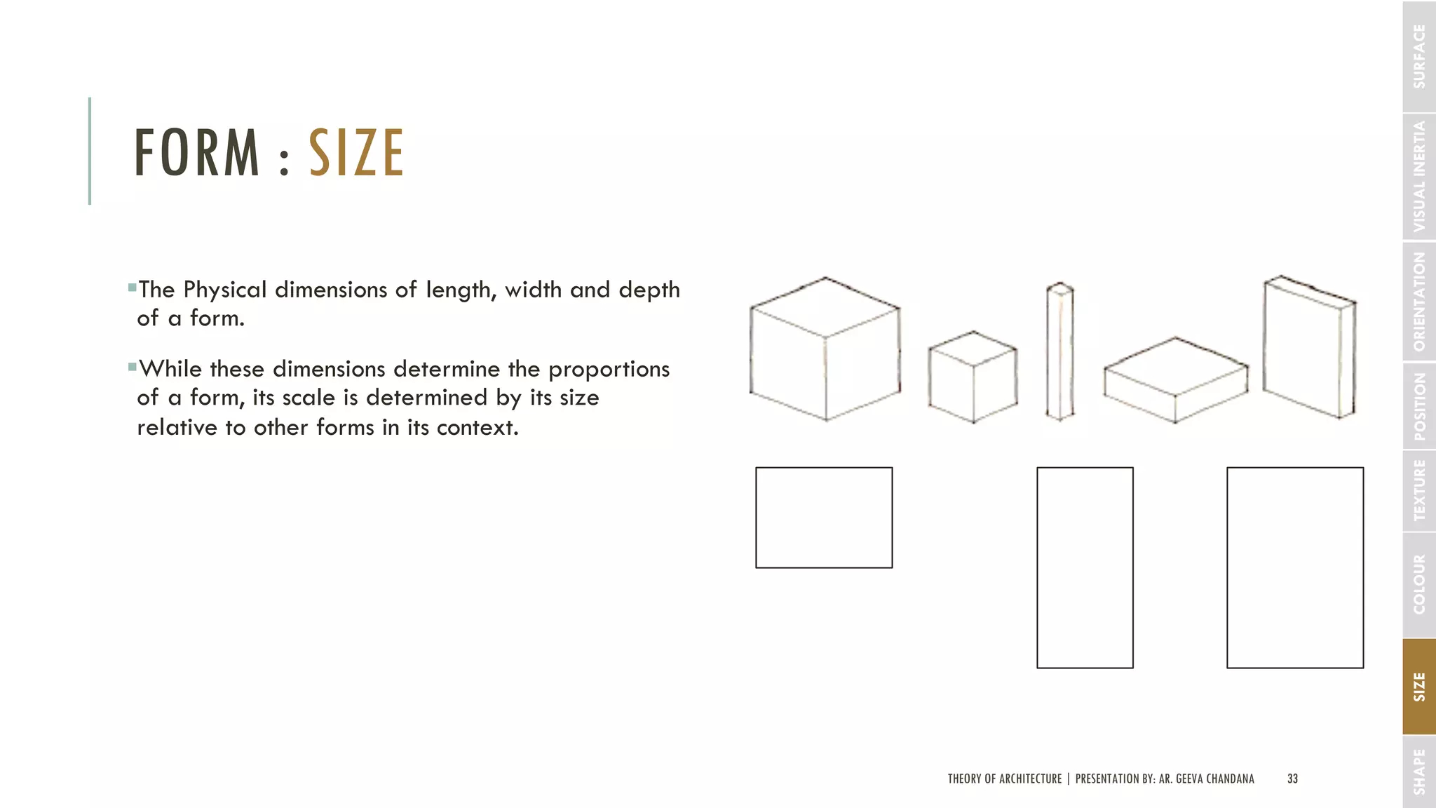THEORY OF ARCHITECTURE | PRESENTATION BY: AR. GEEVA CHANDANA 33
FORM : SIZE
SHAPESIZECOLOURTEXTUREPOSITIONORIENTATIONVISUALINERTIA
§The Physical dimensions of length, width and depth
of a form.
§While these dimensions determine the proportions
of a form, its scale is determined by its size
relative to other forms in its context.
SURFACE
 