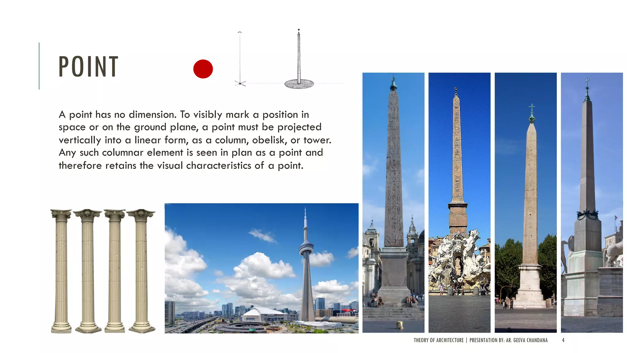 POINT
A point has no dimension. To visibly mark a position in
space or on the ground plane, a point must be projected
vertically into a linear form, as a column, obelisk, or tower.
Any such columnar element is seen in plan as a point and
therefore retains the visual characteristics of a point.
THEORY OF ARCHITECTURE | PRESENTATION BY: AR. GEEVA CHANDANA 4
 