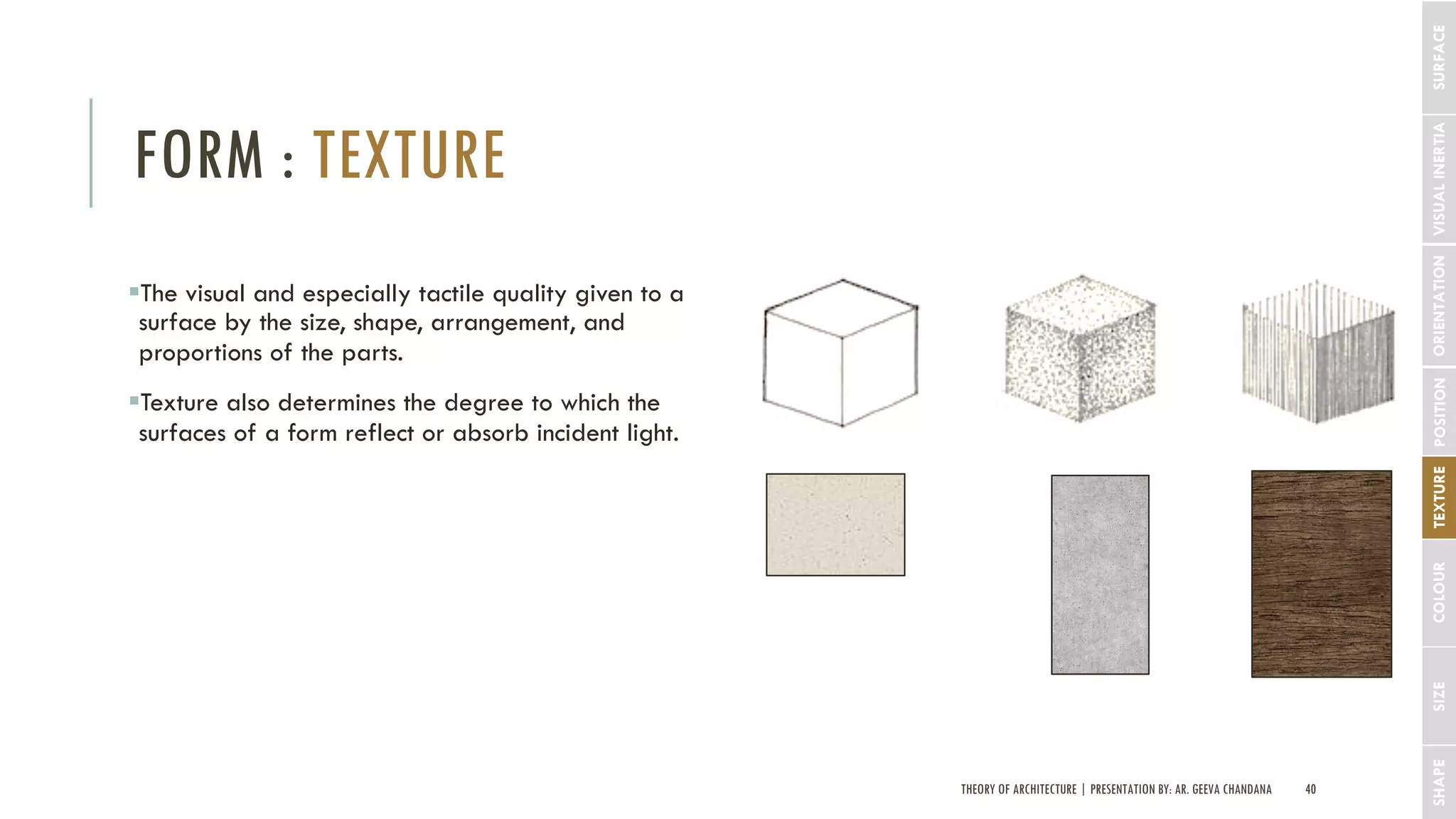 THEORY OF ARCHITECTURE | PRESENTATION BY: AR. GEEVA CHANDANA 40
FORM : TEXTURE
SHAPESIZECOLOURTEXTUREPOSITIONORIENTATIONVISUALINERTIA
§The visual and especially tactile quality given to a
surface by the size, shape, arrangement, and
proportions of the parts.
§Texture also determines the degree to which the
surfaces of a form reflect or absorb incident light.
SURFACE
 