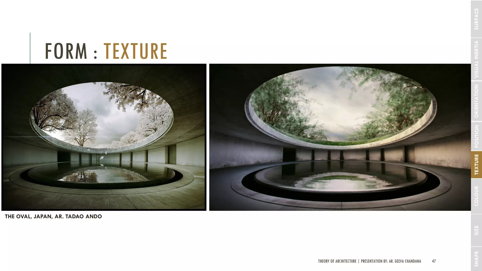 THEORY OF ARCHITECTURE | PRESENTATION BY: AR. GEEVA CHANDANA 47
FORM : TEXTURE
SHAPESIZECOLOURTEXTUREPOSITIONORIENTATIONVISUALINERTIASURFACE
THE OVAL, JAPAN, AR. TADAO ANDO
 
