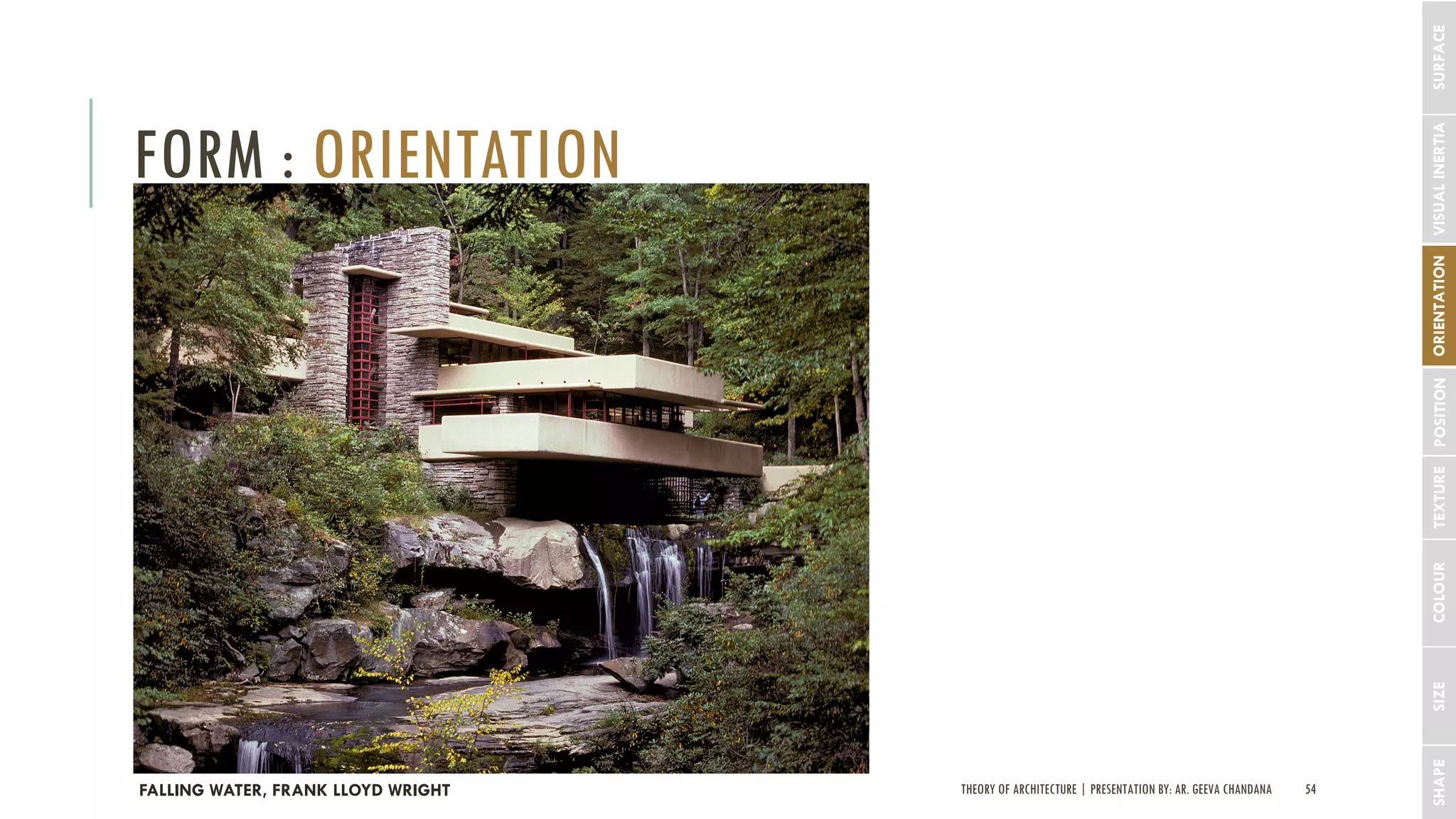 THEORY OF ARCHITECTURE | PRESENTATION BY: AR. GEEVA CHANDANA 54
FORM : ORIENTATION
SHAPESIZECOLOURTEXTUREPOSITIONORIENTATIONVISUALINERTIASURFACE
FALLING WATER, FRANK LLOYD WRIGHT
 