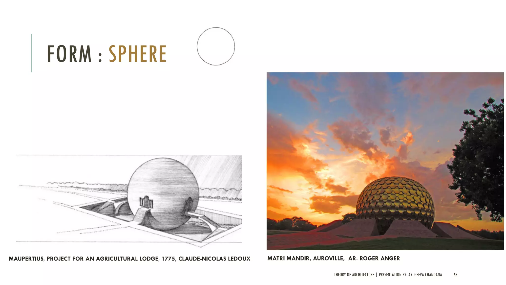 THEORY OF ARCHITECTURE | PRESENTATION BY: AR. GEEVA CHANDANA 68
FORM : SPHERE
MAUPERTIUS, PROJECT FOR AN AGRICULTURAL LODGE, 1775, CLAUDE-NICOLAS LEDOUX MATRI MANDIR, AUROVILLE, AR. ROGER ANGER
 