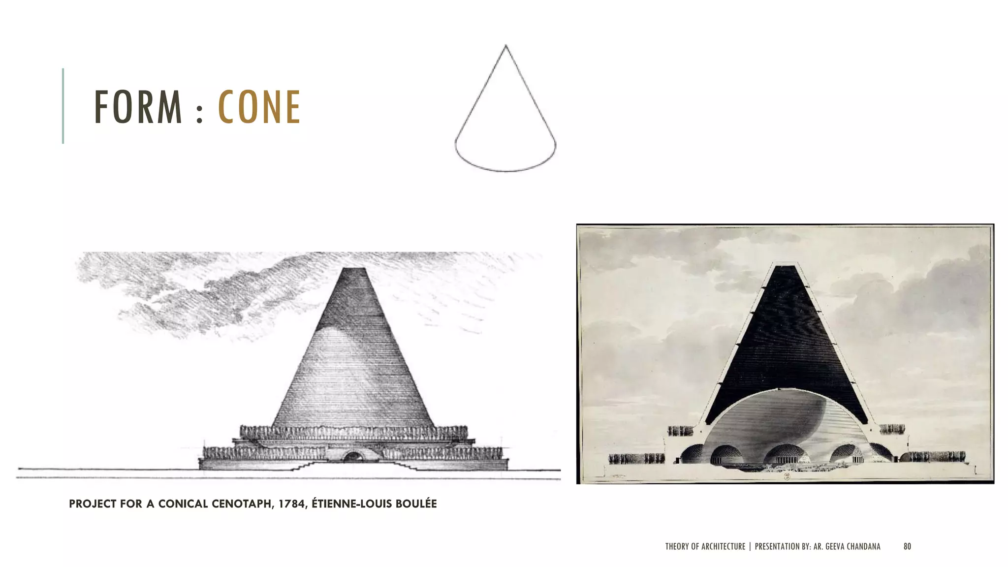 THEORY OF ARCHITECTURE | PRESENTATION BY: AR. GEEVA CHANDANA 80
FORM : CONE
PROJECT FOR A CONICAL CENOTAPH, 1784, ÉTIENNE-LOUIS BOULÉE
 