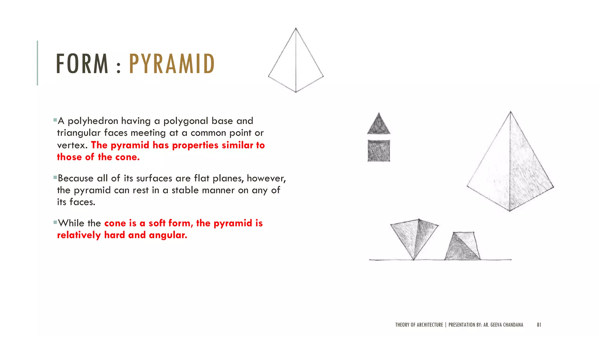 THEORY OF ARCHITECTURE | PRESENTATION BY: AR. GEEVA CHANDANA 81
FORM : PYRAMID
§A polyhedron having a polygonal base and
triangular faces meeting at a common point or
vertex. The pyramid has properties similar to
those of the cone.
§Because all of its surfaces are flat planes, however,
the pyramid can rest in a stable manner on any of
its faces.
§While the cone is a soft form, the pyramid is
relatively hard and angular.
 