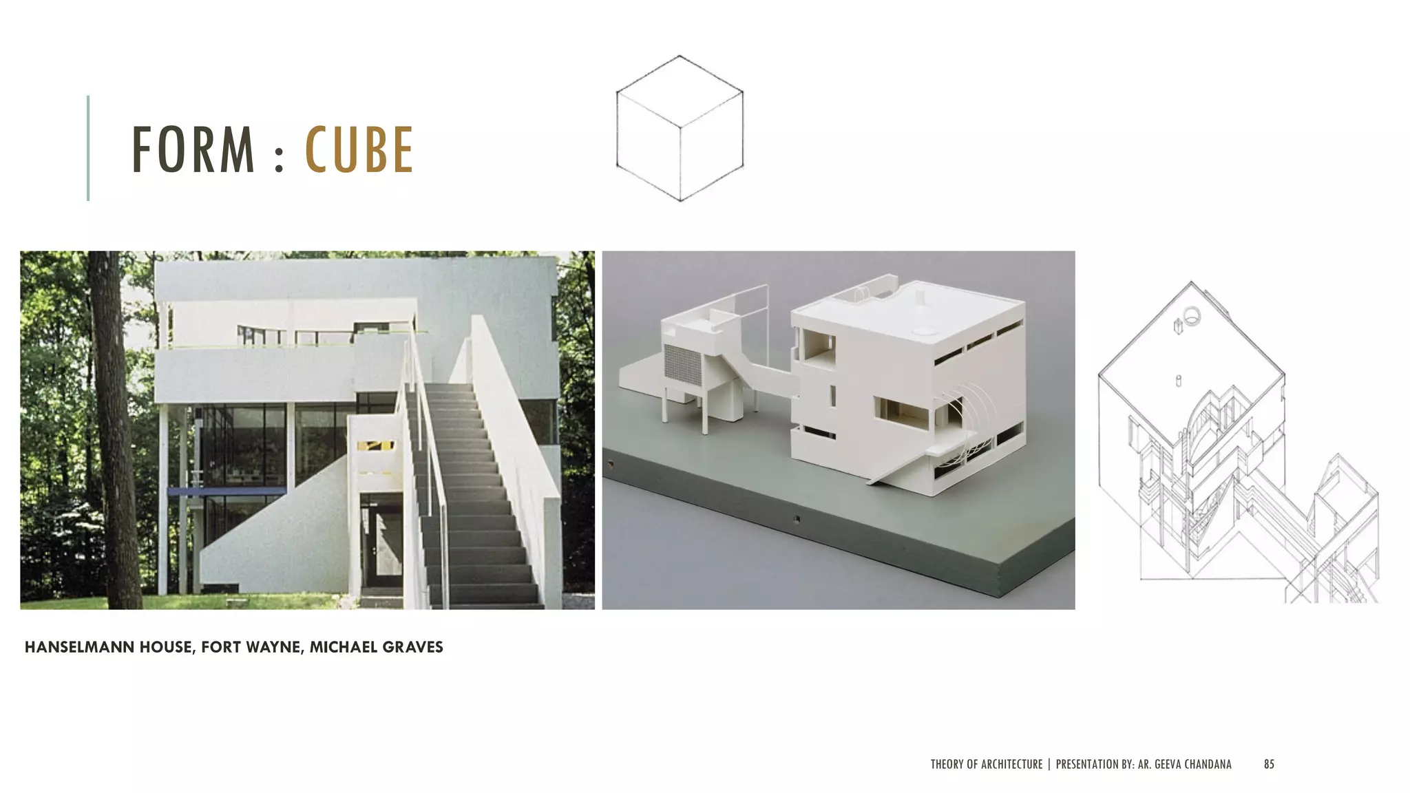 THEORY OF ARCHITECTURE | PRESENTATION BY: AR. GEEVA CHANDANA 85
FORM : CUBE
HANSELMANN HOUSE, FORT WAYNE, MICHAEL GRAVES
 