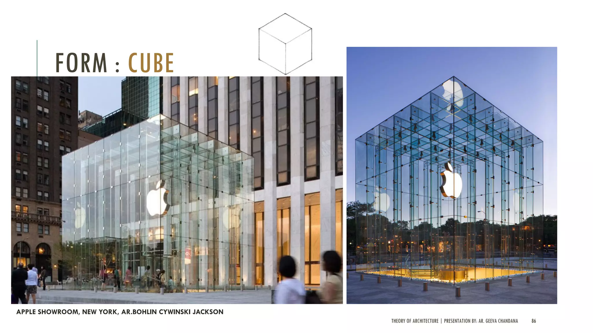 THEORY OF ARCHITECTURE | PRESENTATION BY: AR. GEEVA CHANDANA 86
FORM : CUBE
APPLE SHOWROOM, NEW YORK, AR.BOHLIN CYWINSKI JACKSON
 