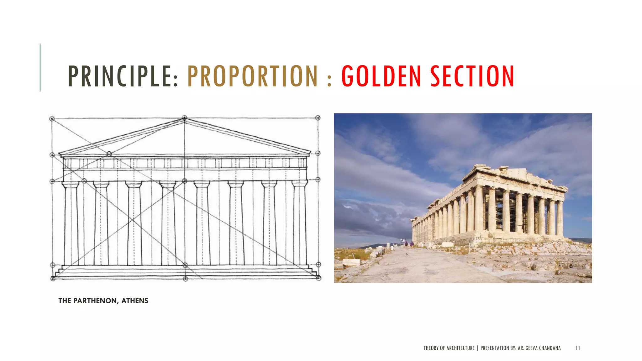THEORY OF ARCHITECTURE | PRESENTATION BY: AR. GEEVA CHANDANA 11
PRINCIPLE: PROPORTION : GOLDEN SECTION
THE PARTHENON, ATHENS
 