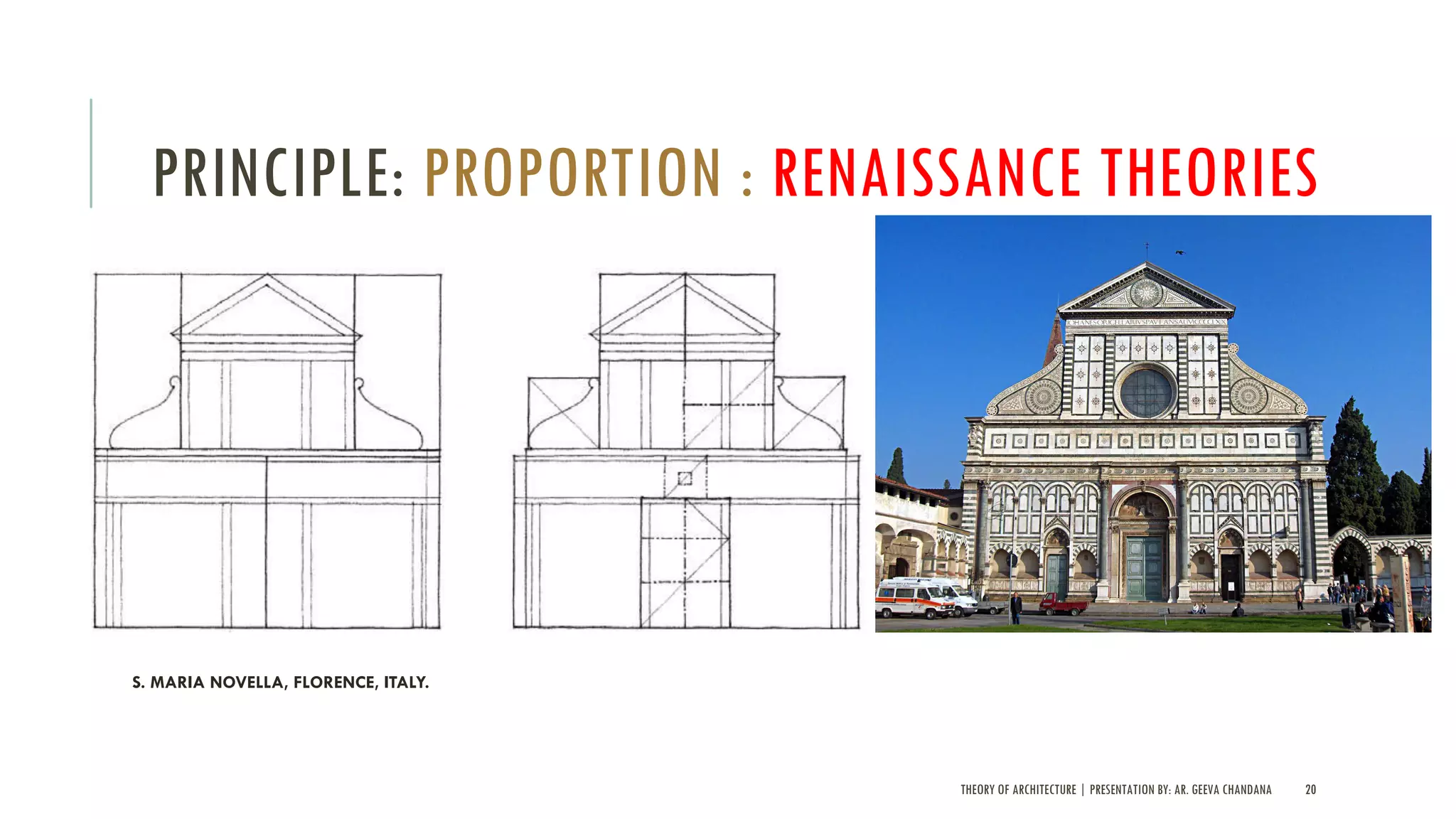 THEORY OF ARCHITECTURE | PRESENTATION BY: AR. GEEVA CHANDANA 20
PRINCIPLE: PROPORTION : RENAISSANCE THEORIES
S. MARIA NOVELLA, FLORENCE, ITALY.
 