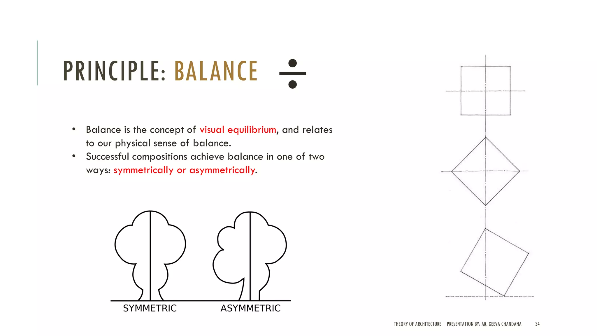 THEORY OF ARCHITECTURE | PRESENTATION BY: AR. GEEVA CHANDANA 34
PRINCIPLE: BALANCE
• Balance is the concept of visual equilibrium, and relates
to our physical sense of balance.
• Successful compositions achieve balance in one of two
ways: symmetrically or asymmetrically.
 