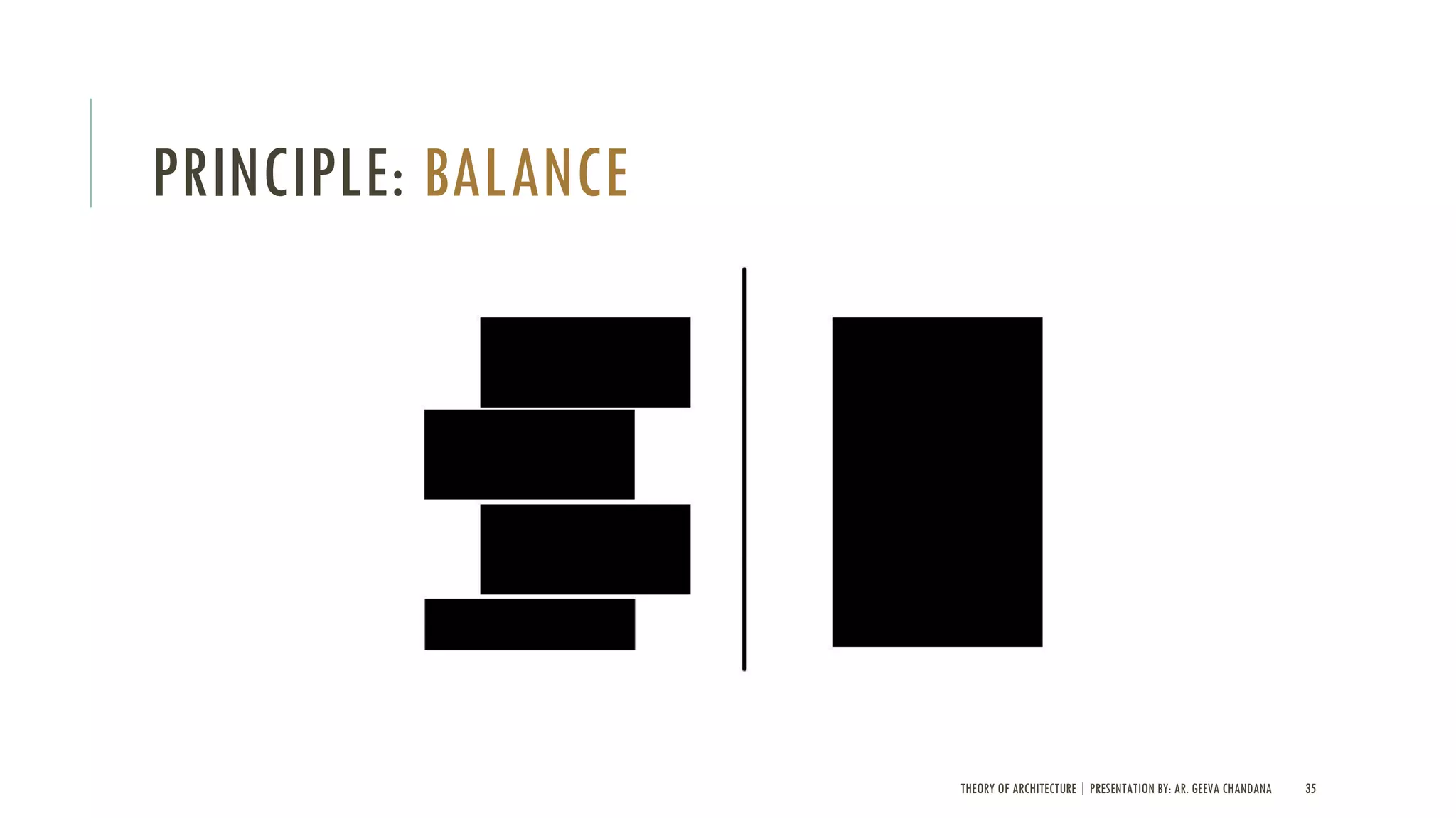THEORY OF ARCHITECTURE | PRESENTATION BY: AR. GEEVA CHANDANA 35
PRINCIPLE: BALANCE
 