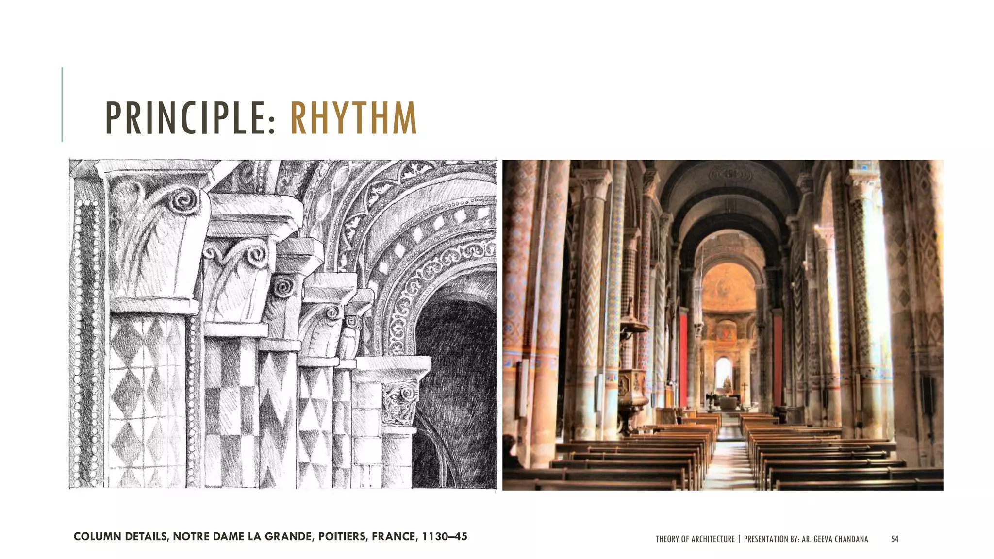 THEORY OF ARCHITECTURE | PRESENTATION BY: AR. GEEVA CHANDANA 54
PRINCIPLE: RHYTHM
COLUMN DETAILS, NOTRE DAME LA GRANDE, POITIERS, FRANCE, 1130–45
 