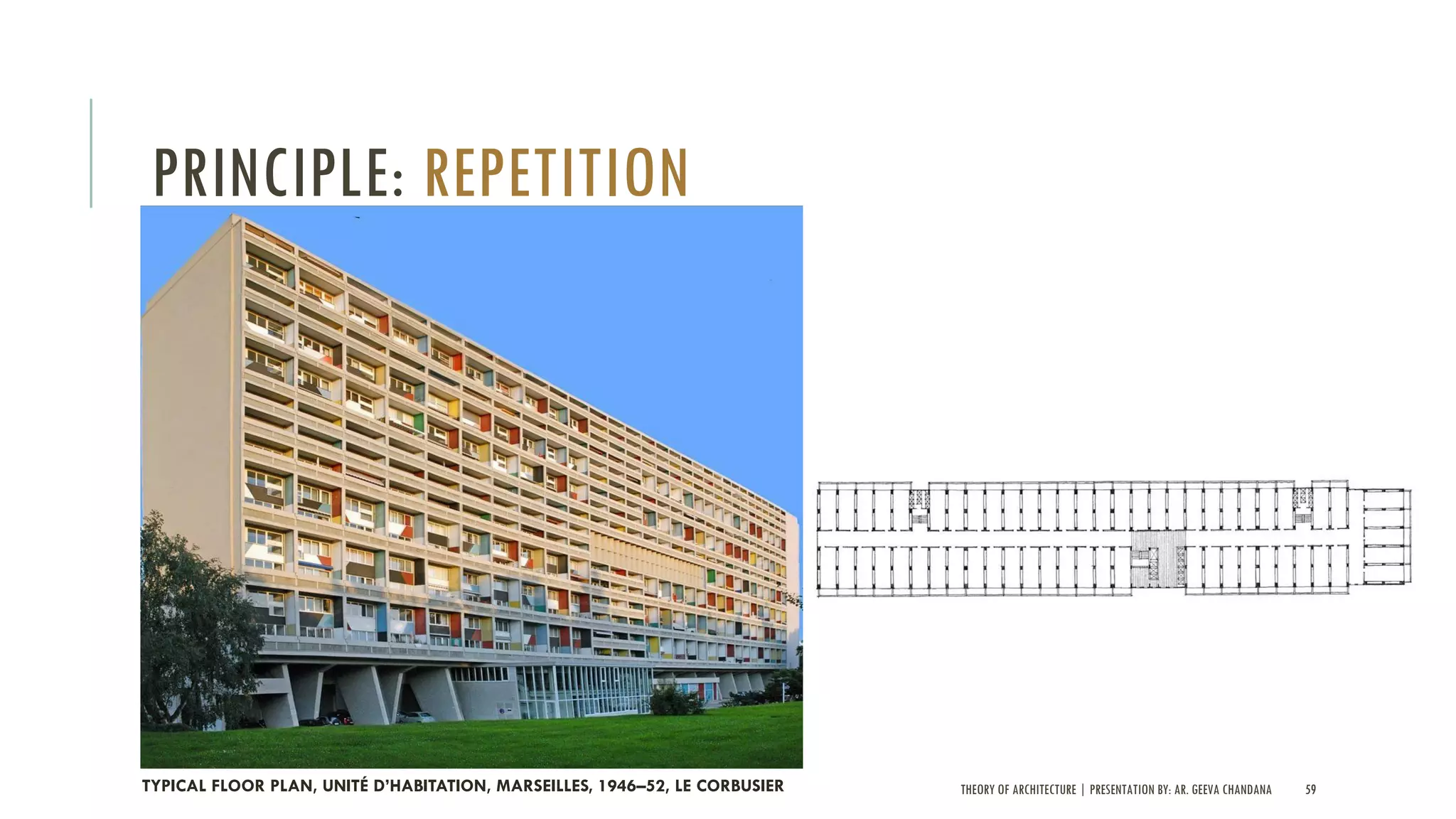 THEORY OF ARCHITECTURE | PRESENTATION BY: AR. GEEVA CHANDANA 59
PRINCIPLE: REPETITION
TYPICAL FLOOR PLAN, UNITÉ D’HABITATION, MARSEILLES, 1946–52, LE CORBUSIER
 