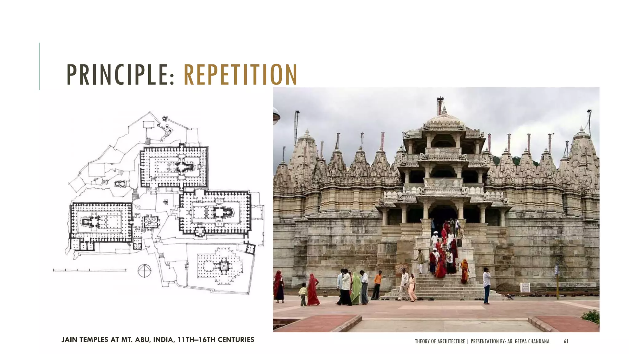 THEORY OF ARCHITECTURE | PRESENTATION BY: AR. GEEVA CHANDANA 61
PRINCIPLE: REPETITION
JAIN TEMPLES AT MT. ABU, INDIA, 11TH–16TH CENTURIES
 