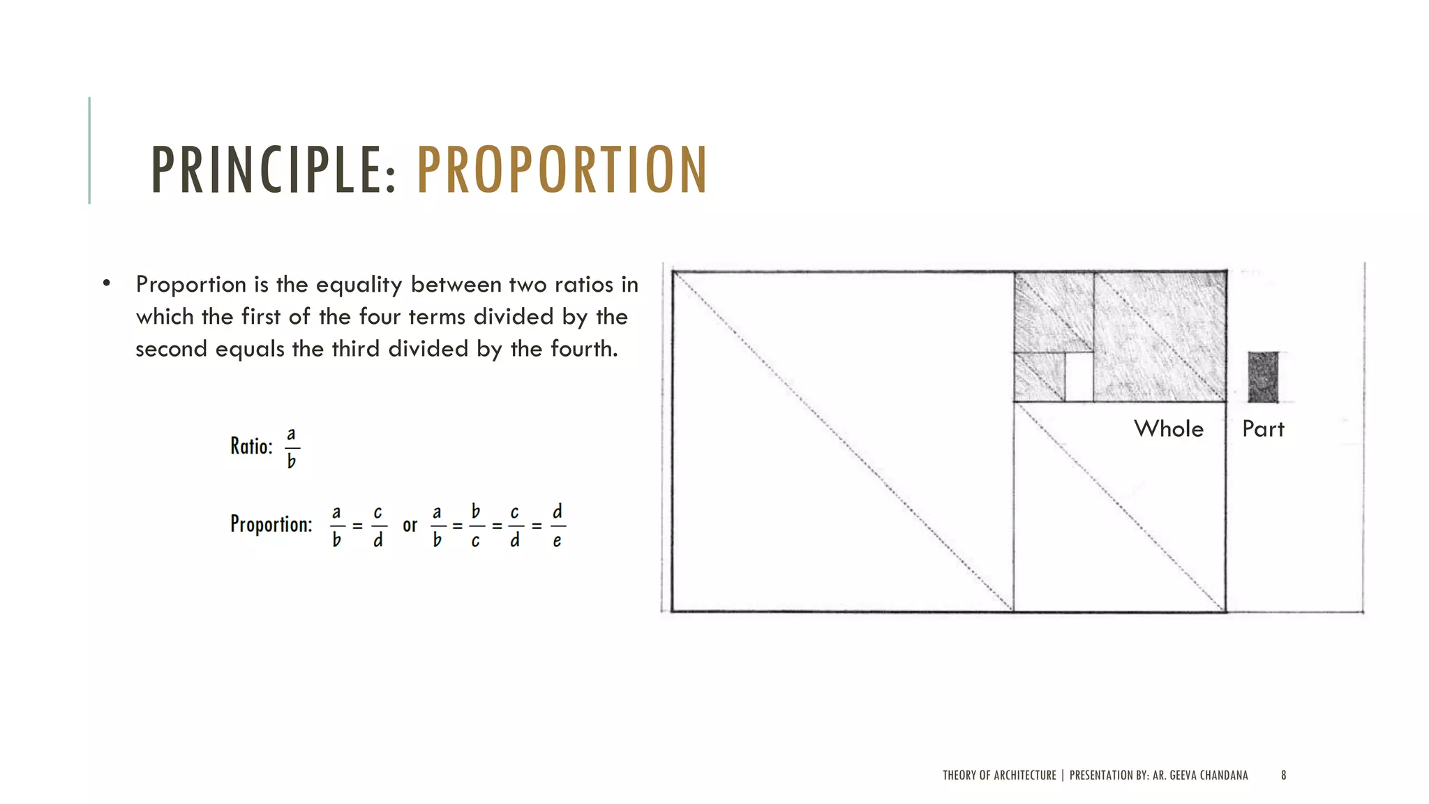 THEORY OF ARCHITECTURE | PRESENTATION BY: AR. GEEVA CHANDANA 8
PRINCIPLE: PROPORTION
Whole Part
• Proportion is the equality between two ratios in
which the first of the four terms divided by the
second equals the third divided by the fourth.
 