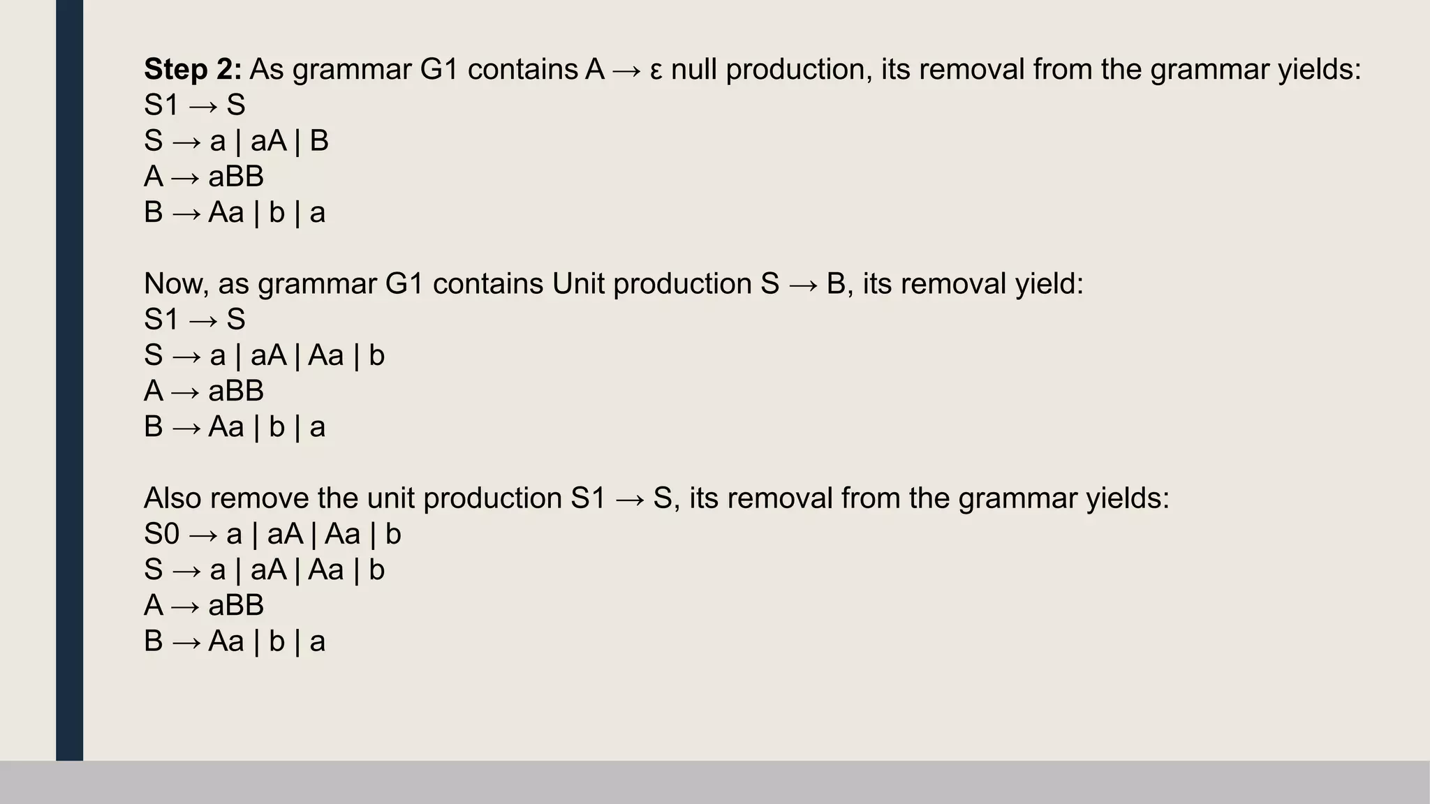 Step 2: As grammar G1 contains A → ε null production, its removal from the grammar yields:
S1 → S
S → a | aA | B
A → aBB
B → Aa | b | a
Now, as grammar G1 contains Unit production S → B, its removal yield:
S1 → S
S → a | aA | Aa | b
A → aBB
B → Aa | b | a
Also remove the unit production S1 → S, its removal from the grammar yields:
S0 → a | aA | Aa | b
S → a | aA | Aa | b
A → aBB
B → Aa | b | a
 