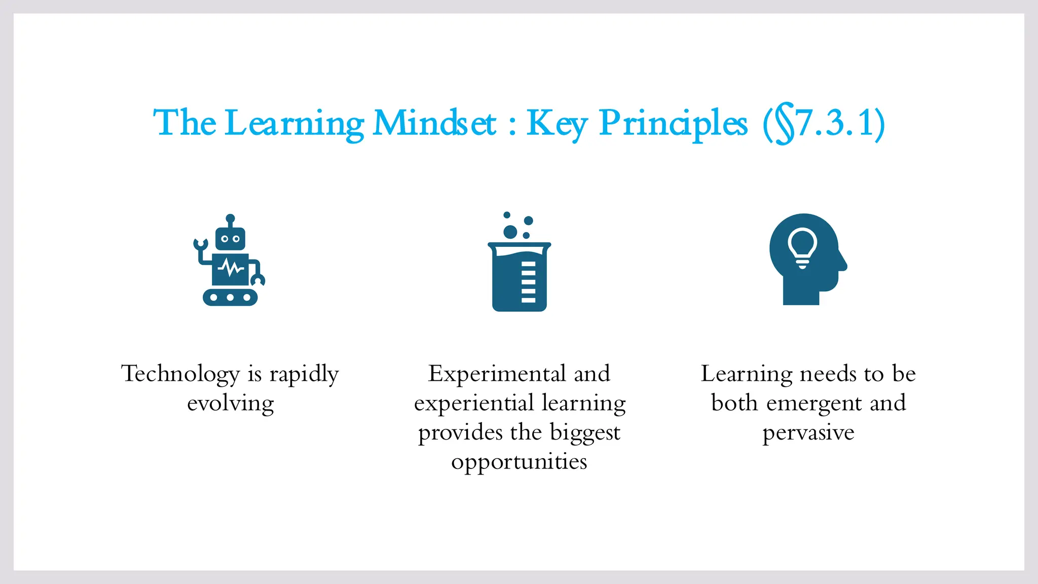 The Learning Mindset : Key Principles (§7.3.1)
Technology is rapidly
evolving
Experimental and
experiential learning
provides the biggest
opportunities
Learning needs to be
both emergent and
pervasive
 