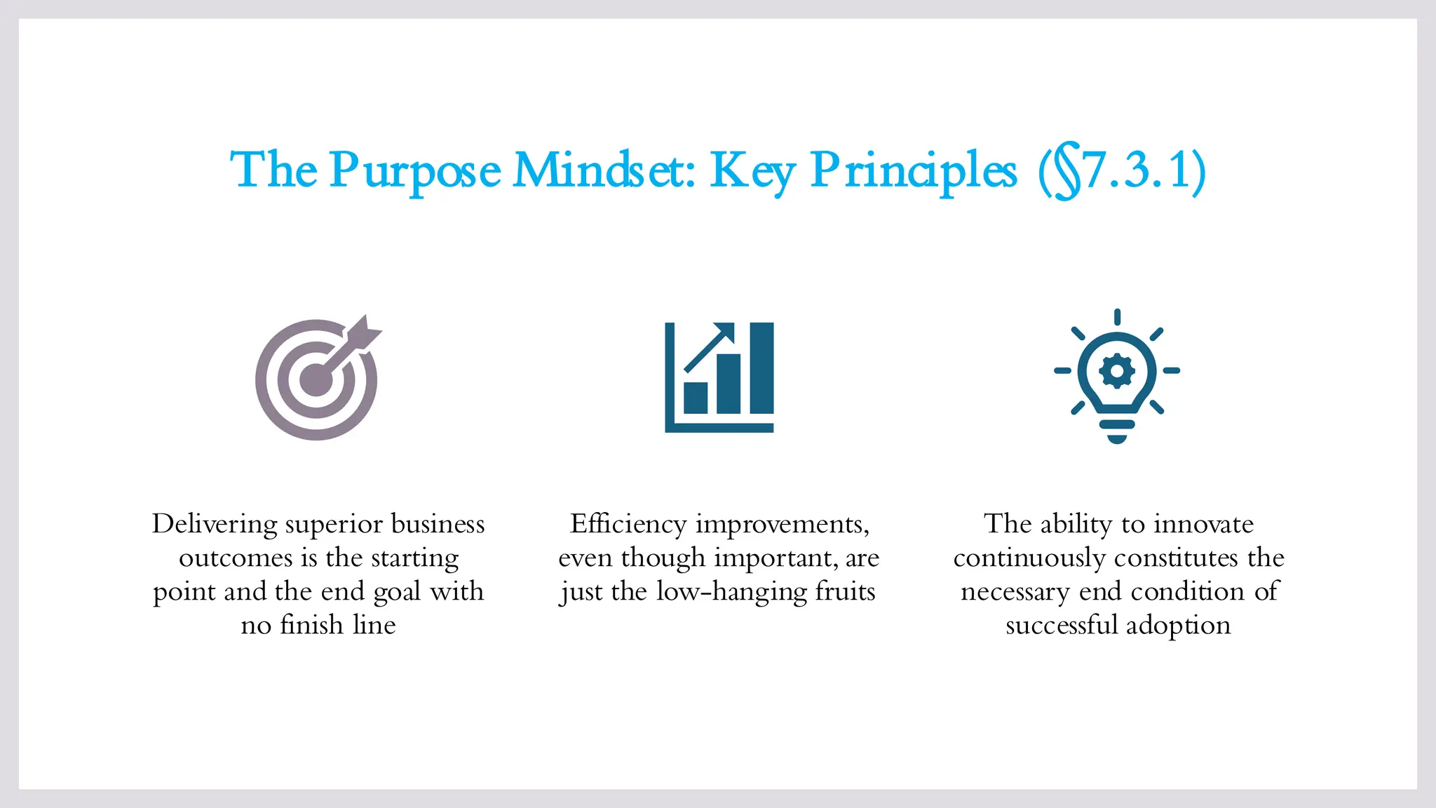 The Purpose Mindset: Key Principles (§7.3.1)
Delivering superior business
outcomes is the starting
point and the end goal with
no finish line
Efficiency improvements,
even though important, are
just the low-hanging fruits
The ability to innovate
continuously constitutes the
necessary end condition of
successful adoption
 