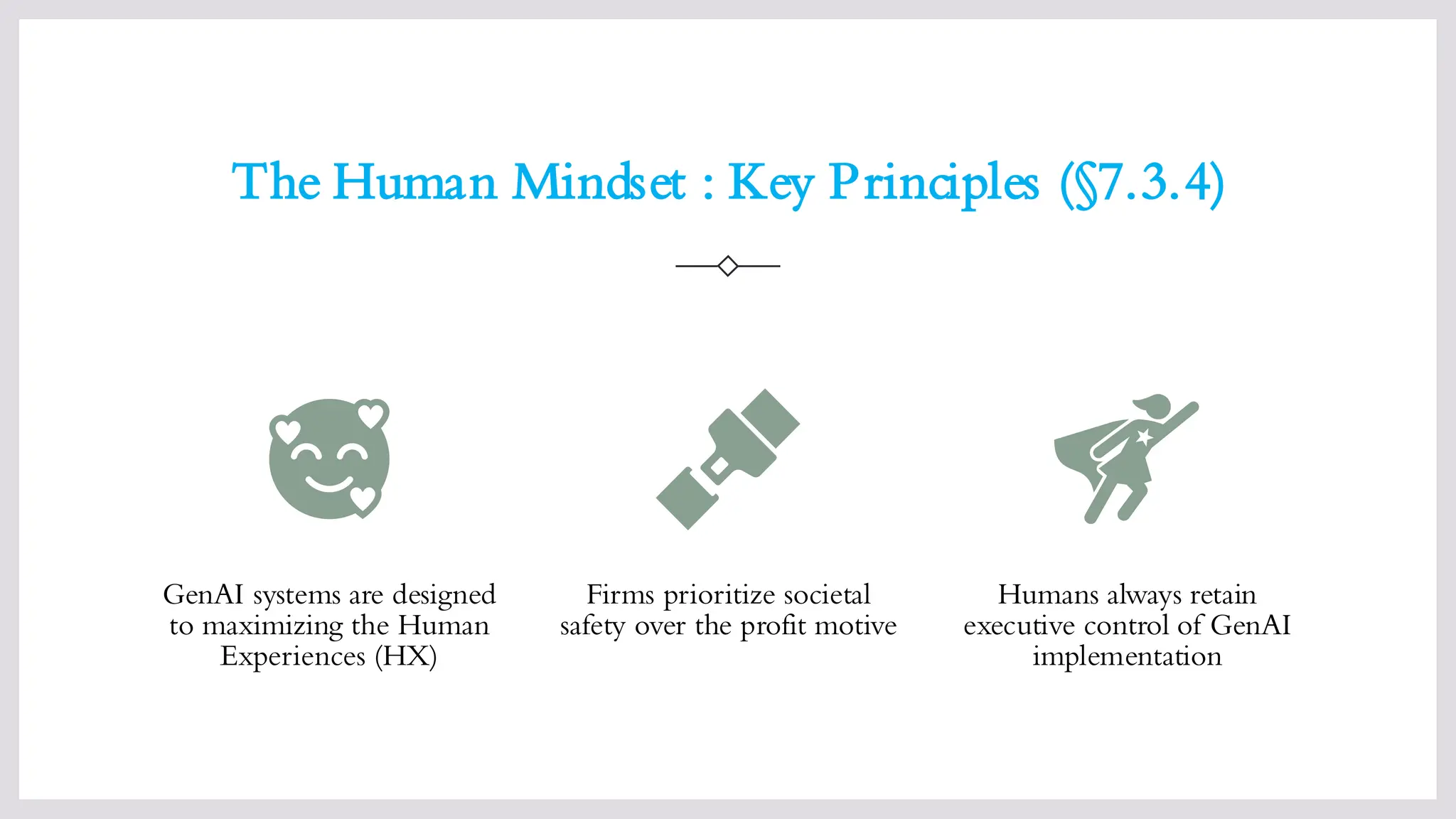 The Human Mindset : Key Principles (§7.3.4)
GenAI systems are designed
to maximizing the Human
Experiences (HX)
Firms prioritize societal
safety over the profit motive
Humans always retain
executive control of GenAI
implementation
 