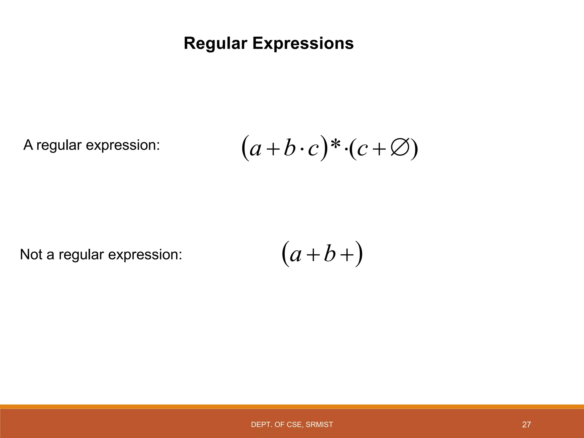 27
  )
(
* 



 c
c
b
a
A regular expression:
 

b
a
Not a regular expression:
Regular Expressions
DEPT. OF CSE, SRMIST
 