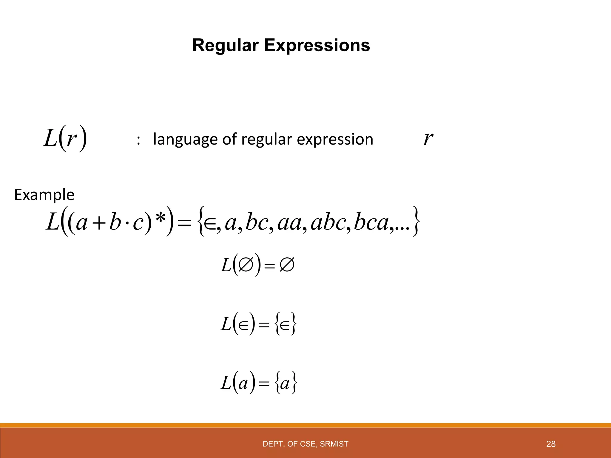 28
: language of regular expression
Example
 
r
L r
   
,...
,
,
,
,
,
*
)
( bca
abc
aa
bc
a
c
b
a
L 



 
   
   
a
a
L
L
L







Regular Expressions
DEPT. OF CSE, SRMIST
 