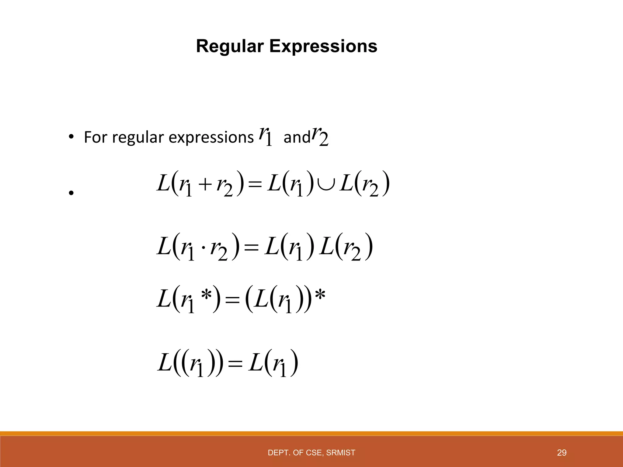 29
• For regular expressions and
•
1
r 2
r
     
2
1
2
1 r
L
r
L
r
r
L 


     
2
1
2
1 r
L
r
L
r
r
L 

   
 *
* 1
1 r
L
r
L 
 
   
1
1 r
L
r
L 
Regular Expressions
DEPT. OF CSE, SRMIST
 
