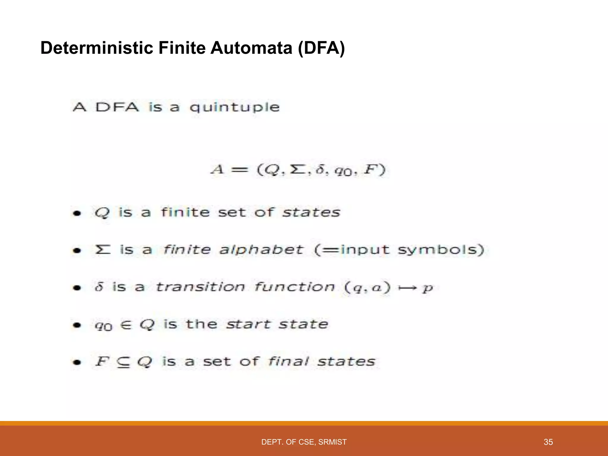 Deterministic Finite Automata (DFA)
DEPT. OF CSE, SRMIST 35
 