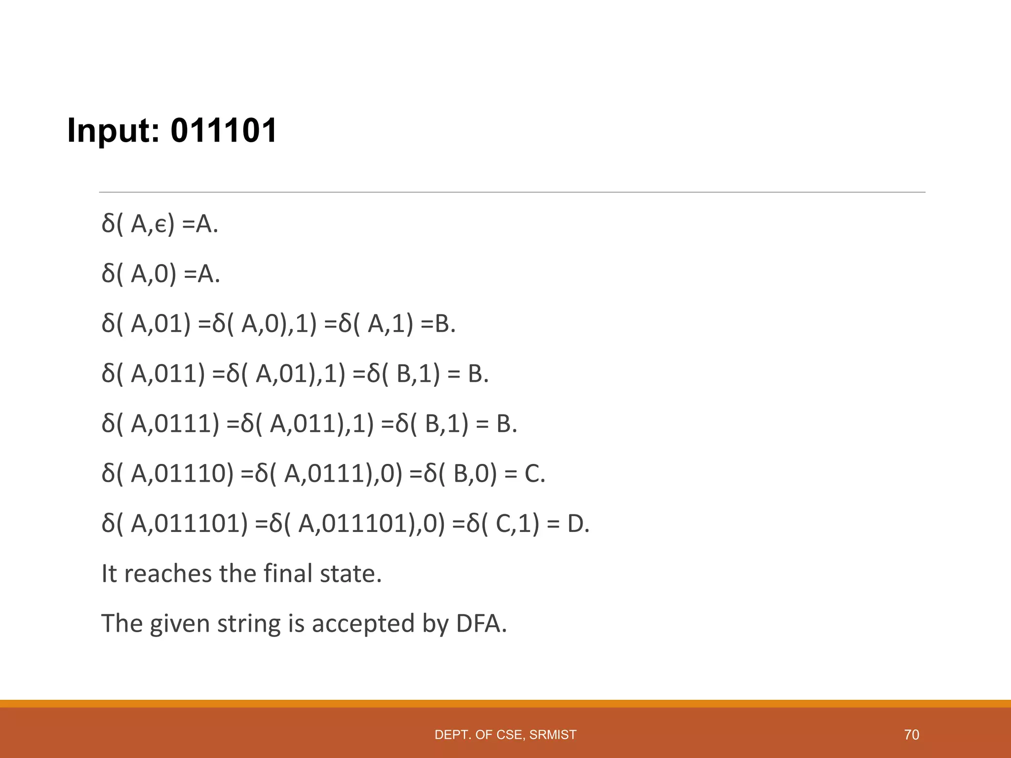 Input: 011101
δ( A,є) =A.
δ( A,0) =A.
δ( A,01) =δ( A,0),1) =δ( A,1) =B.
δ( A,011) =δ( A,01),1) =δ( B,1) = B.
δ( A,0111) =δ( A,011),1) =δ( B,1) = B.
δ( A,01110) =δ( A,0111),0) =δ( B,0) = C.
δ( A,011101) =δ( A,011101),0) =δ( C,1) = D.
It reaches the final state.
The given string is accepted by DFA.
DEPT. OF CSE, SRMIST 70
 