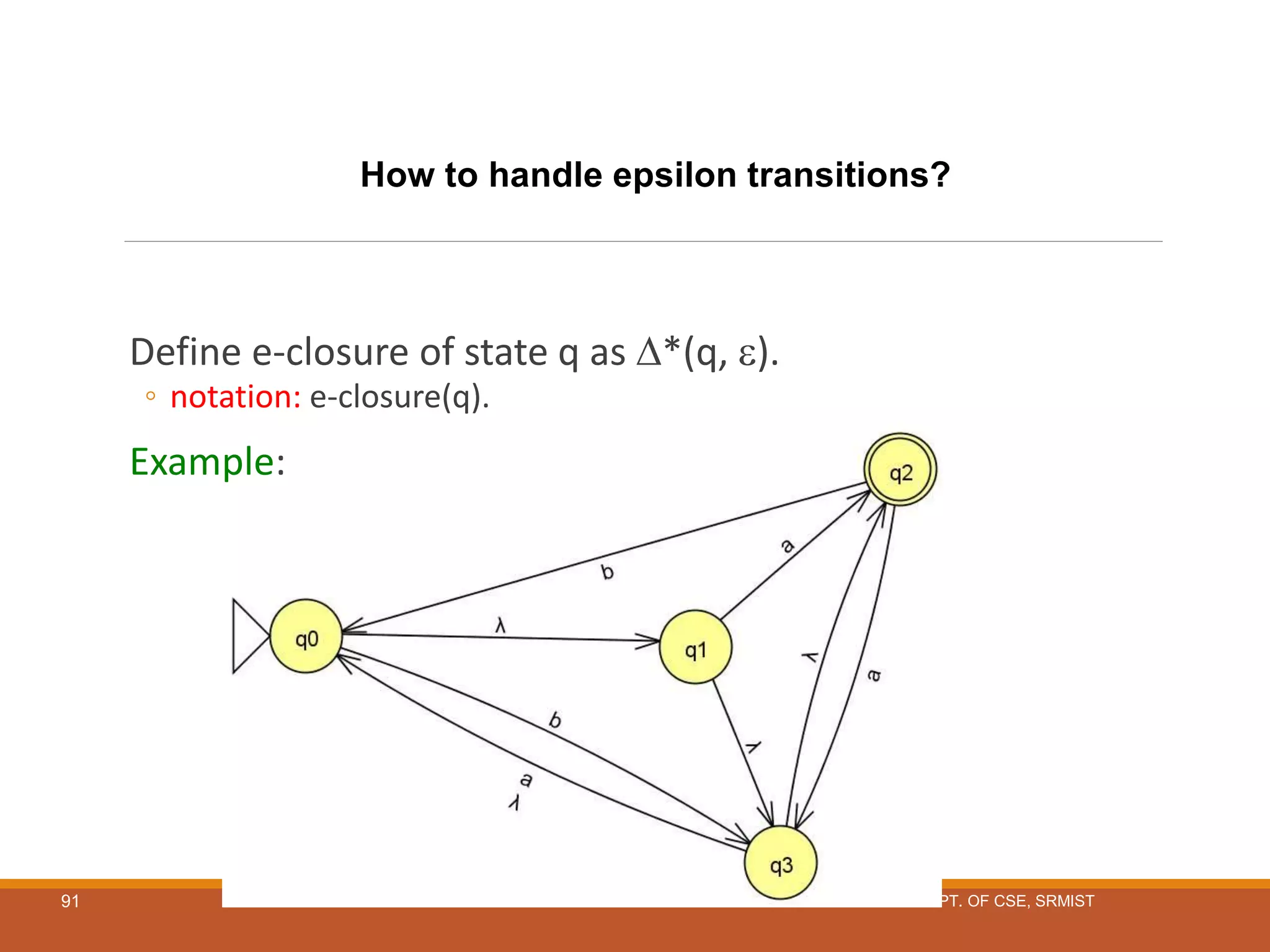 91
How to handle epsilon transitions?
Define e-closure of state q as *(q, ).
◦ notation: e-closure(q).
Example:
DEPT. OF CSE, SRMIST
 