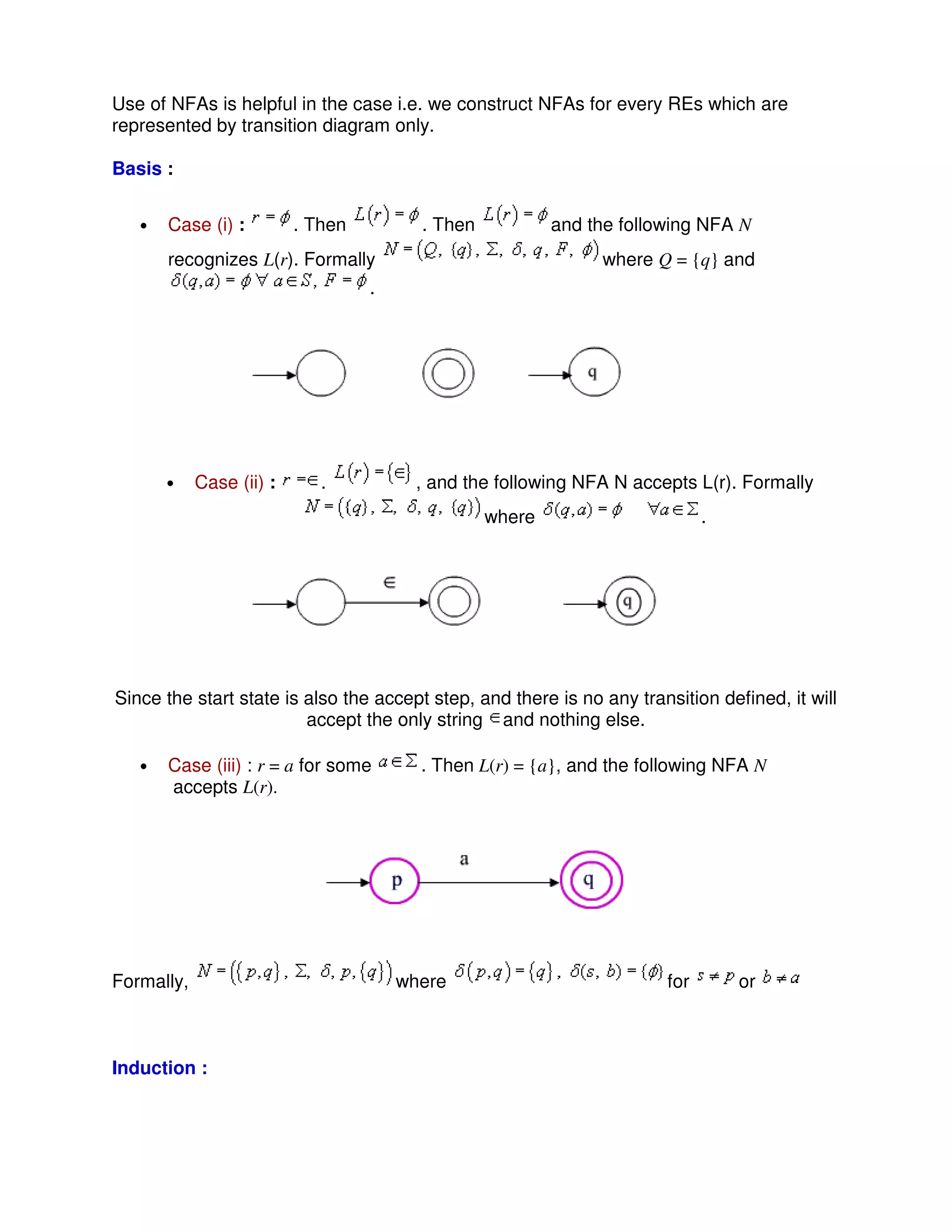 Use of NFAs is helpful in the case i.e. we construct NFAs for every REs which are
represented by transition diagram only.
Basis :
• Case (i) : . Then . Then and the following NFA N
recognizes L(r). Formally where Q = {q} and
.
• Case (ii) : . , and the following NFA N accepts L(r). Formally
where .
Since the start state is also the accept step, and there is no any transition defined, it will
accept the only string and nothing else.
• Case (iii) : r = a for some . Then L(r) = {a}, and the following NFA N
accepts L(r).
Formally, where for or
Induction :
 