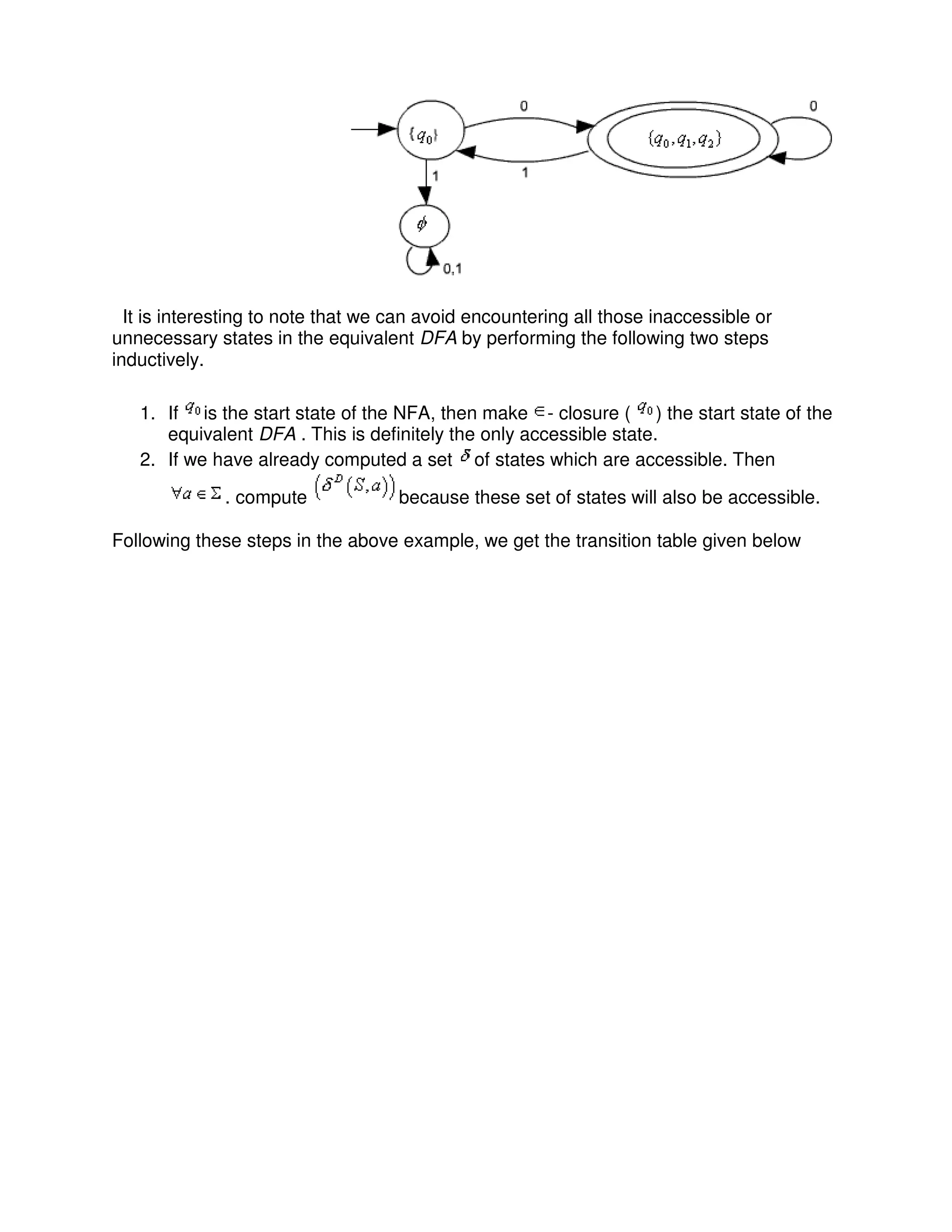 It is interesting to note that we can avoid encountering all those inaccessible or
unnecessary states in the equivalent DFA by performing the following two steps
inductively.
1. If is the start state of the NFA, then make - closure ( ) the start state of the
equivalent DFA . This is definitely the only accessible state.
2. If we have already computed a set of states which are accessible. Then
. compute because these set of states will also be accessible.
Following these steps in the above example, we get the transition table given below
 