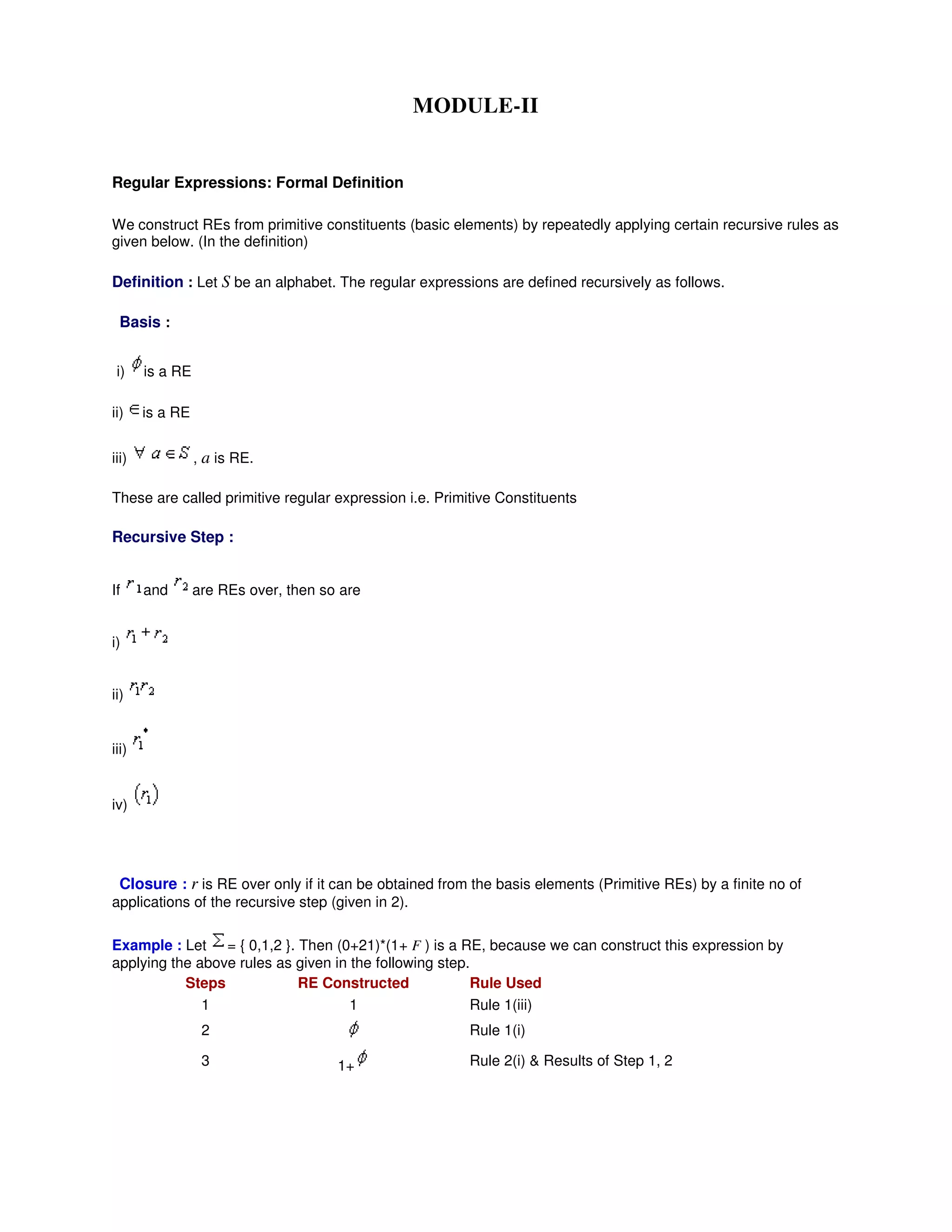 MODULE-II
Regular Expressions: Formal Definition
We construct REs from primitive constituents (basic elements) by repeatedly applying certain recursive rules as
given below. (In the definition)
Definition : Let S be an alphabet. The regular expressions are defined recursively as follows.
Basis :
i) is a RE
ii) is a RE
iii) , a is RE.
These are called primitive regular expression i.e. Primitive Constituents
Recursive Step :
If and are REs over, then so are
i)
ii)
iii)
iv)
Closure : r is RE over only if it can be obtained from the basis elements (Primitive REs) by a finite no of
applications of the recursive step (given in 2).
Example : Let = { 0,1,2 }. Then (0+21)*(1+ F ) is a RE, because we can construct this expression by
applying the above rules as given in the following step.
Steps RE Constructed Rule Used
1 1 Rule 1(iii)
2 Rule 1(i)
3 1+ Rule 2(i) & Results of Step 1, 2
 