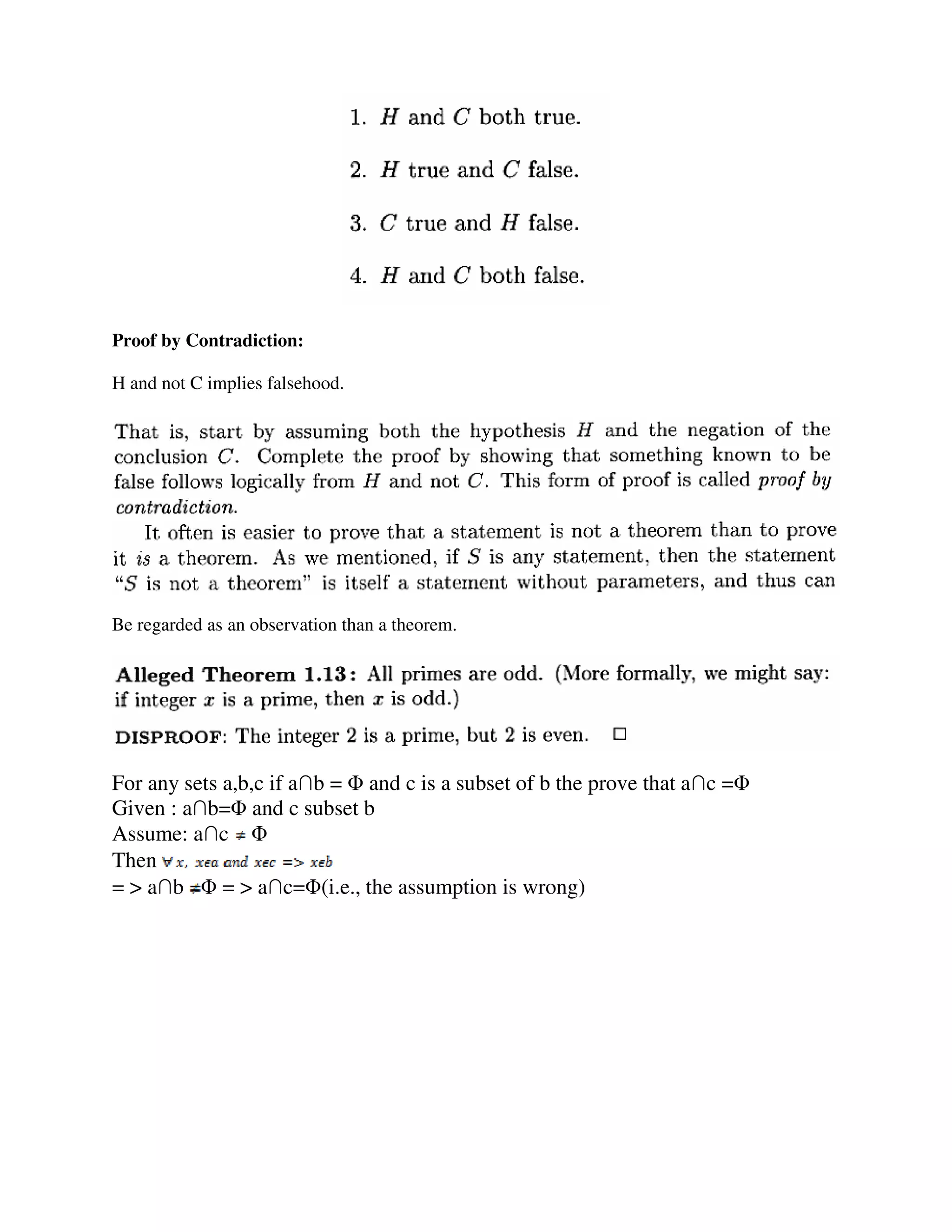 Proof by Contradiction:
H and not C implies falsehood.
Be regarded as an observation than a theorem.
For any sets a,b,c if a∩b = Φ and c is a subset of b the prove that a∩c =Φ
Given : a∩b=Φ and c subset b
Assume: a∩c Φ
Then
= > a∩b Φ = > a∩c=Φ(i.e., the assumption is wrong)
 