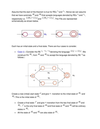 Assume that the start of the theorem is true for REs and . Hence we can assume
that we have automata and that accepts languages denoted by REs and ,
respectively i.e. and . The FAs are represented
schematically as shown below.
Each has an initial state and a final state. There are four cases to consider.
• Case (i) : Consider the RE denoting the language . We
construct FA , from and to accept the language denoted by RE as
follows :
Create a new (initial) start state and give - transition to the initial state of and
.This is the initial state of .
• Create a final state and give -transition from the two final state of and
. is the only final state of and final state of and will be ordinary
states in .
• All the state of and are also state of .
 