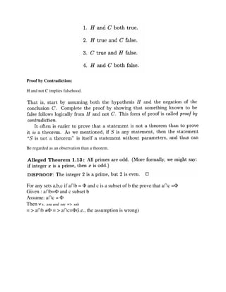 Proof by Contradiction:
H and not C implies falsehood.
Be regarded as an observation than a theorem.
For any sets a,b,c if a∩b = Φ and c is a subset of b the prove that a∩c =Φ
Given : a∩b=Φ and c subset b
Assume: a∩c Φ
Then
= > a∩b Φ = > a∩c=Φ(i.e., the assumption is wrong)
 