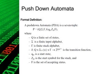 Push Down Automata
Formal Definition:
 