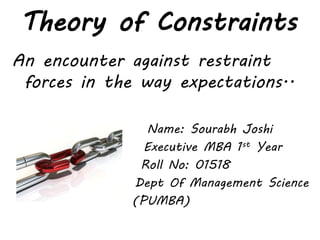 Theory of Constraints
An encounter against restraint
forces in the way expectations..
Name: Sourabh Joshi
Executive MBA 1st Year
Roll No: 01518
Dept Of Management Science
(PUMBA)
 