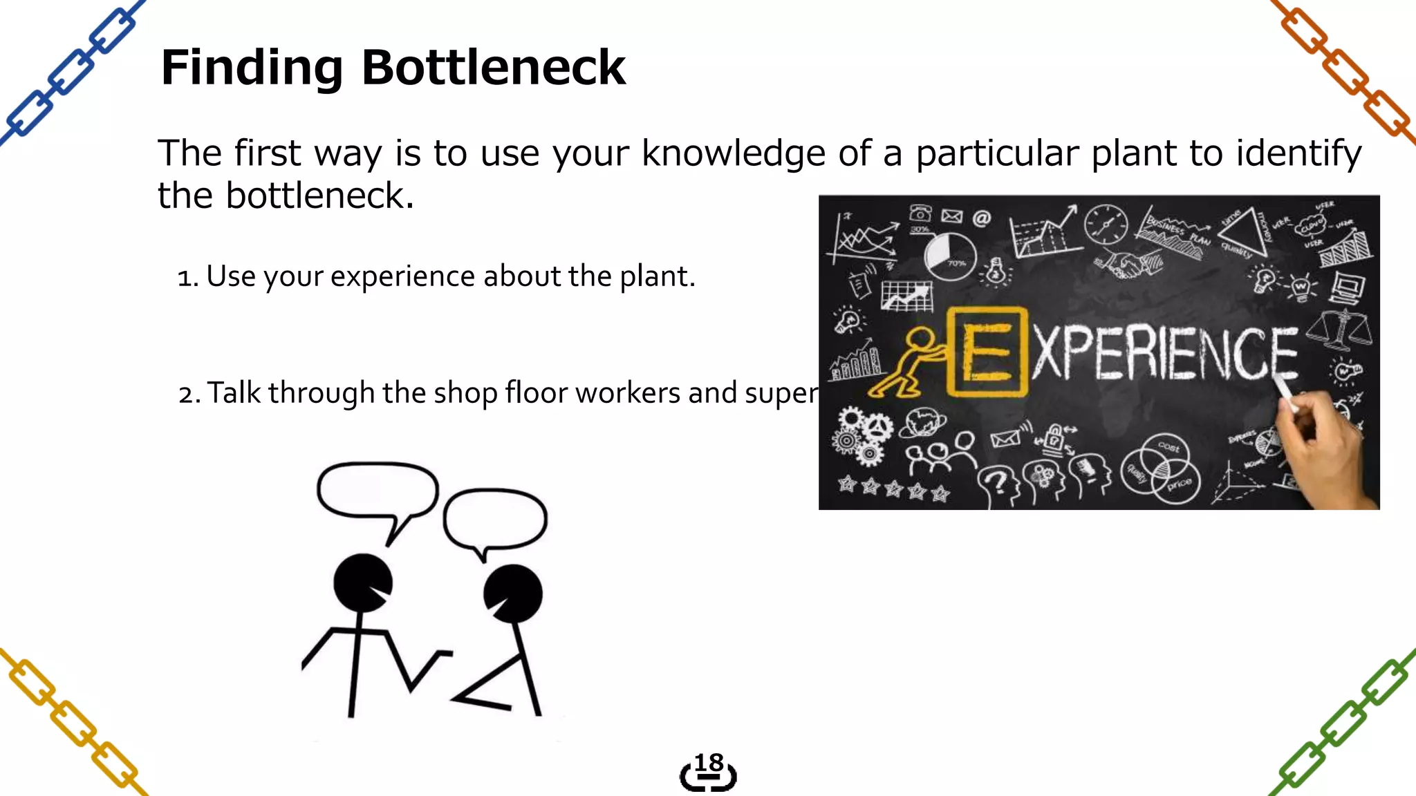 Finding Bottleneck
18
The first way is to use your knowledge of a particular plant to identify
the bottleneck.
1. Use your experience about the plant.
2.Talk through the shop floor workers and supervisors.
 